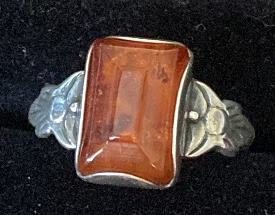 Vintage Baltic Amber Ring With External Hallmarks And Flower Band, Size 6 Vintage Baltic Amber Ring With External Hallmarks And Flower Band, Size 6