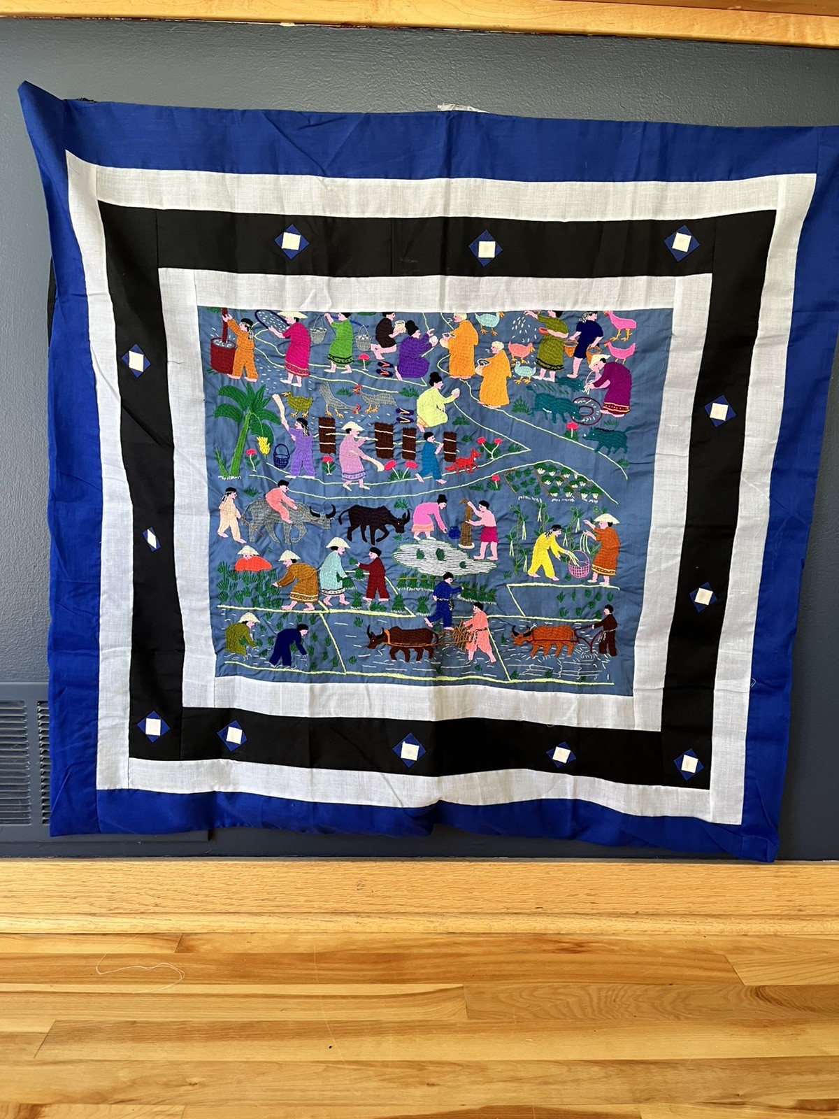 VTG Traditional Hmong Embroidered Folk Story Cloth Handmade 32”x34” VTG Traditional Hmong Embroidered Folk Story Cloth Handmade 32”x34”