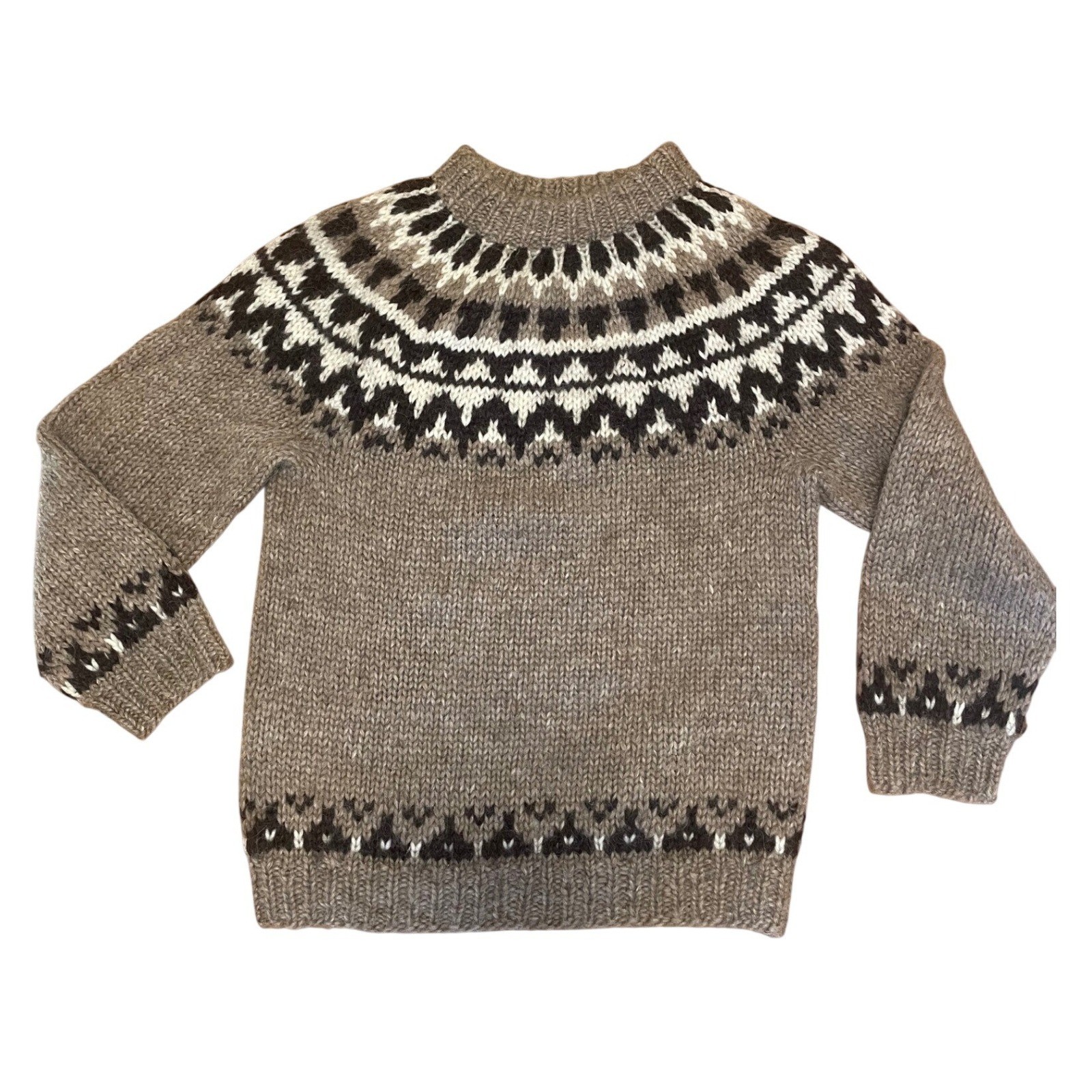 Vintage Icelandic 100% Wool Fair Isle Yoke Sweater Brown Hand Knit Hilda Ltd