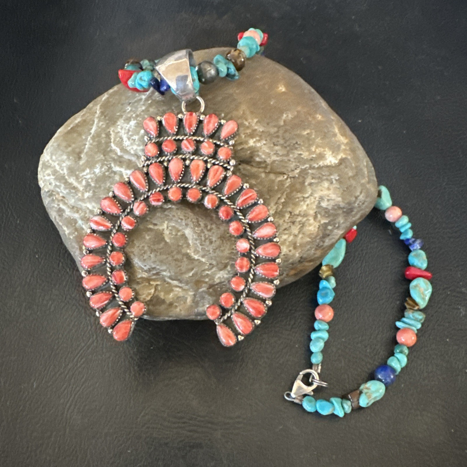 Red Spiny Oyster Naja Pendant Navajo Sterling Silver Multicolor Necklace 19941