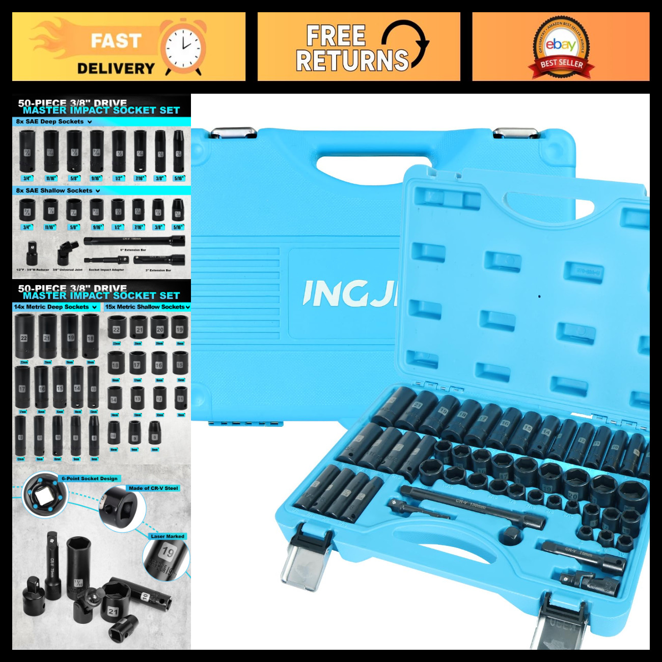 50-Piece Impact Socket Set, 3/8