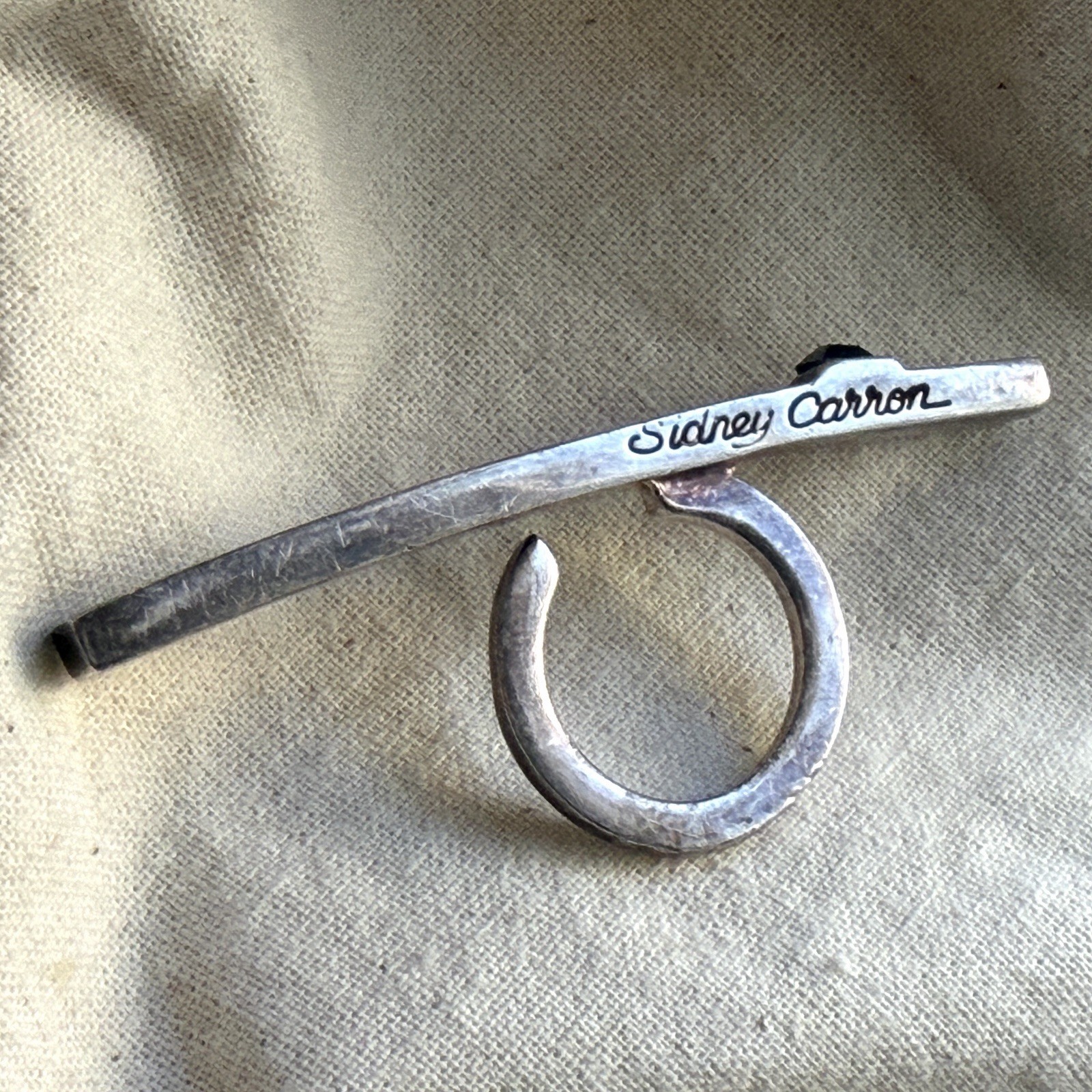 Rare Vintage Signed Sidney Carron Modernist Long Bar Adjustable Ring Black Acct
