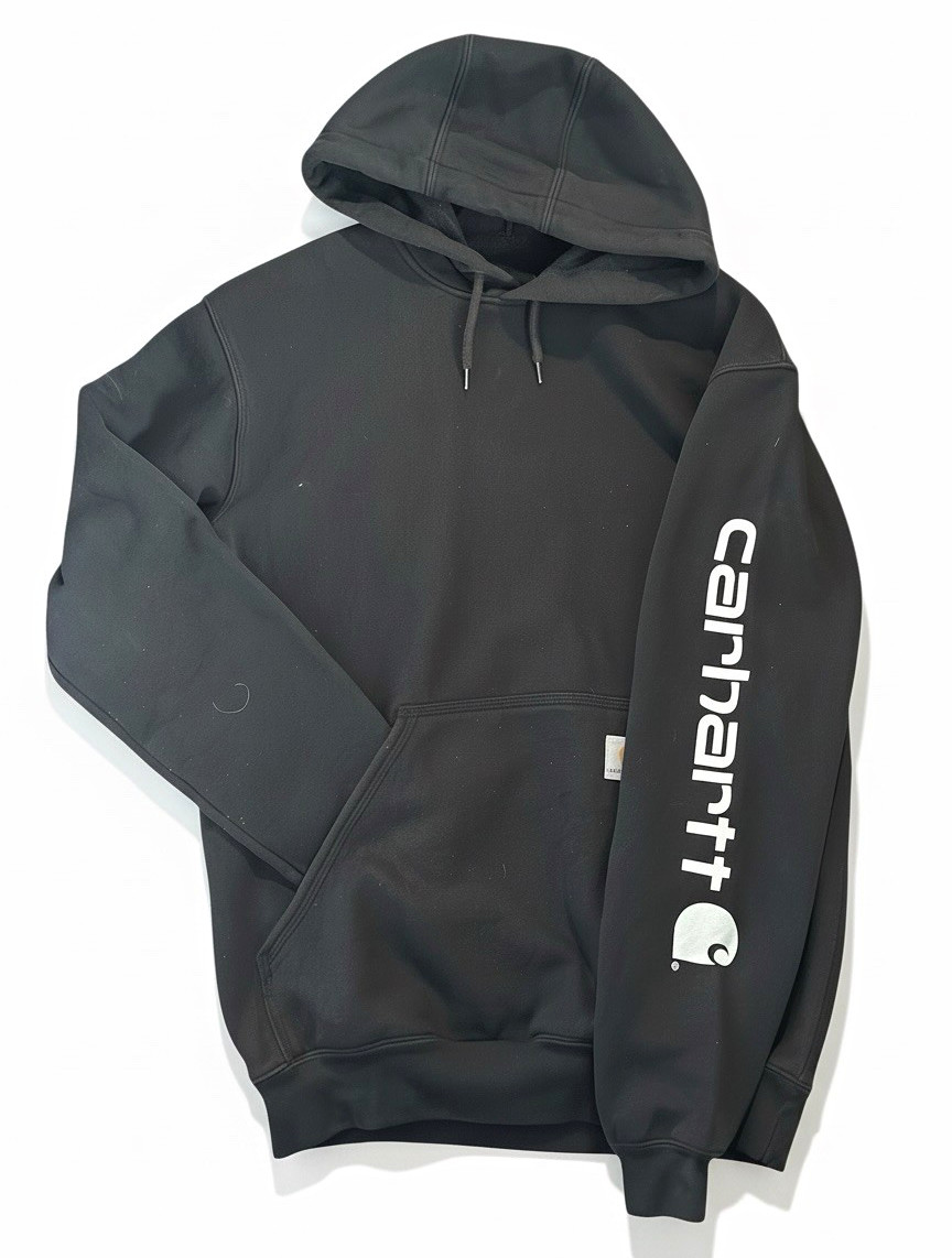 Carhartt Men\'s Black Pullover Hoodie S Loose Fit Fleece Cotton Blend Logo Carhartt Men\'s Black Pullover Hoodie S Loose Fit Fleece Cotton Blend Logo