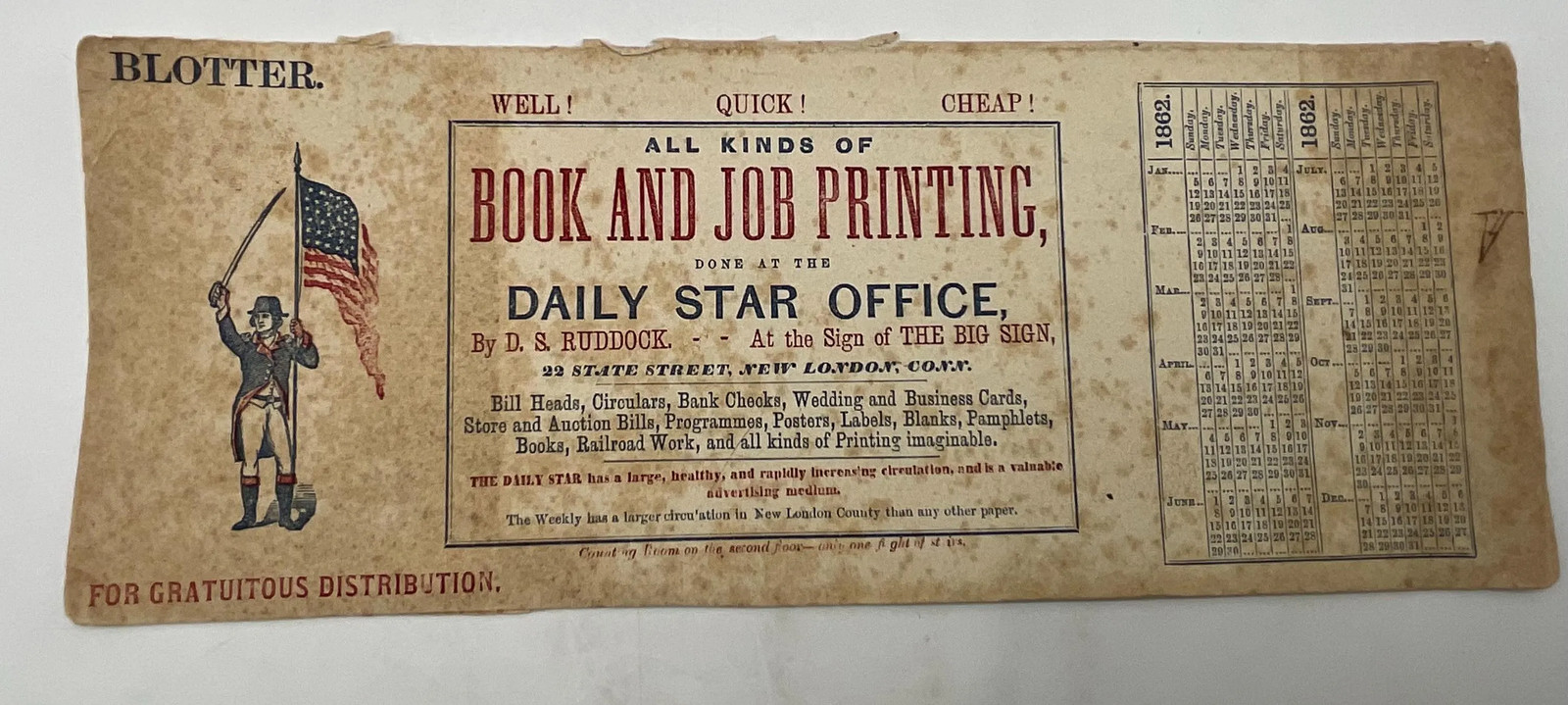 Original 1862 Civil War Advertising Blotter Calendar Daily Star New London Conn