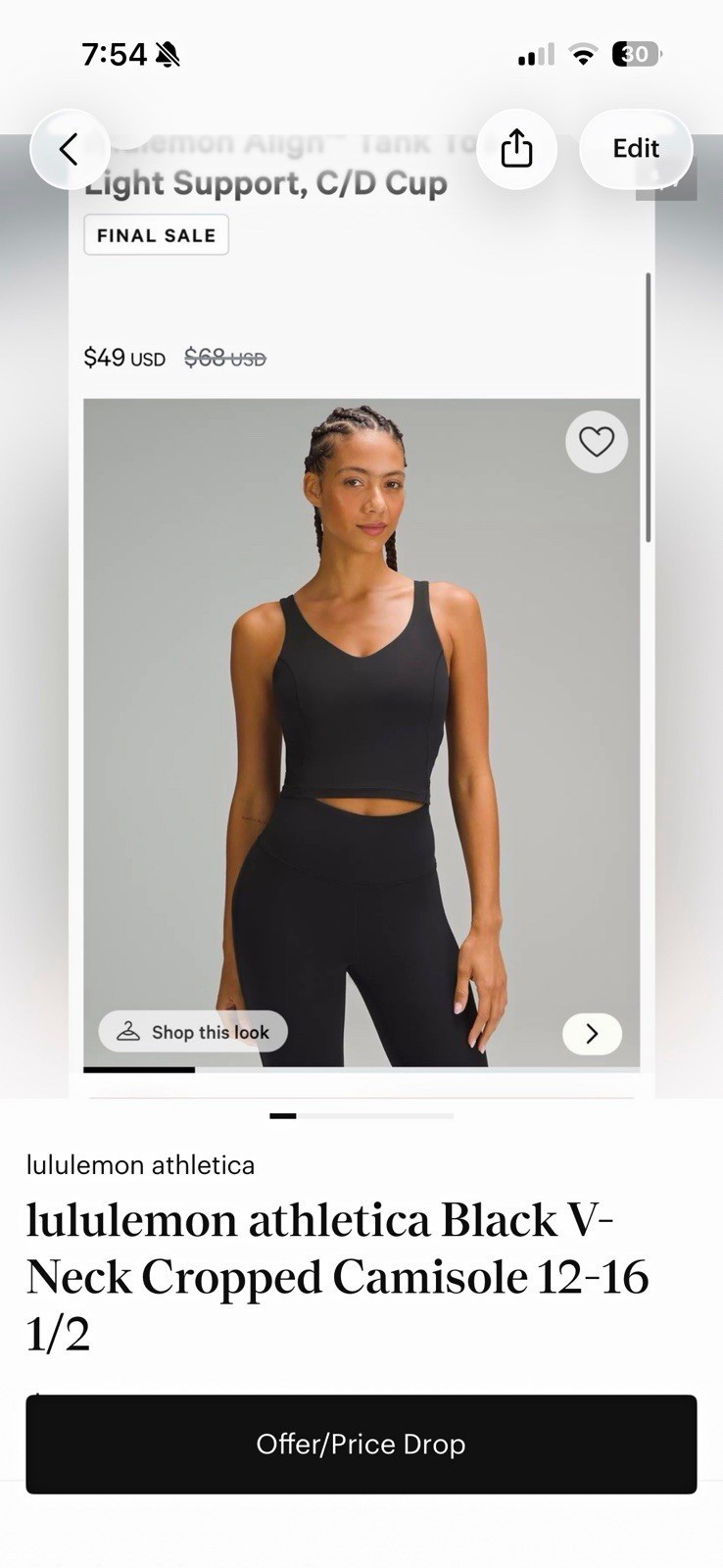 lululemon athletica Align Tank Black V-Neck Cropped Built-In Bra Stretch 12-16