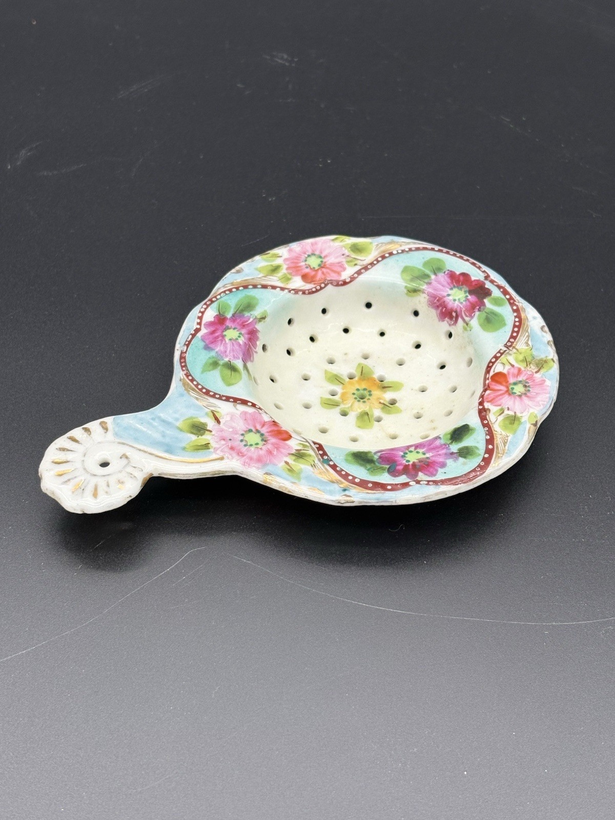 Antique Hand Painted Porcelain Tea Strainer Vibrant Pink Roses Gold Moriage Trim Antique Hand Painted Porcelain Tea Strainer Vibrant Pink Roses Gold Moriage Trim