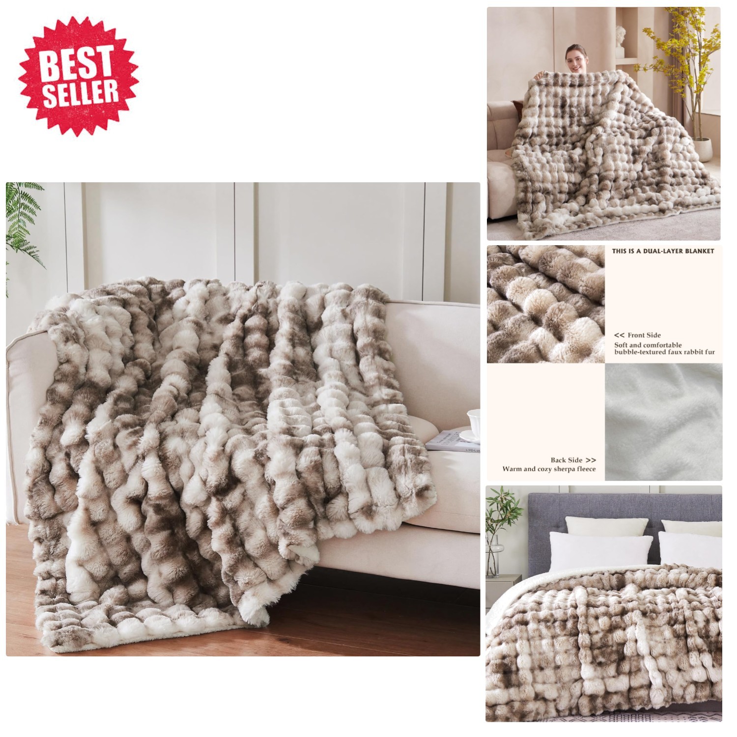 Luxurious 50x60 Faux Fur Throw Blanket - Ultra-Soft, Warm, Bubble Brown Tie Dye