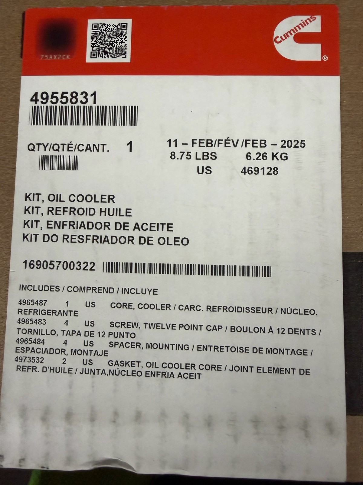 BRAND NEW GENUINE CUMMINS ENGINE OIL COOLER KIT P/N 4955831 BRAND NEW GENUINE CUMMINS ENGINE OIL COOLER KIT P/N 4955831