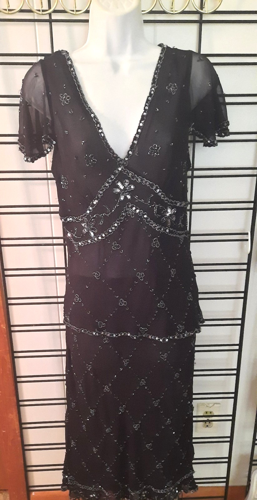 adrianna papell two piece silk cocktail evening dress black sequins size 10