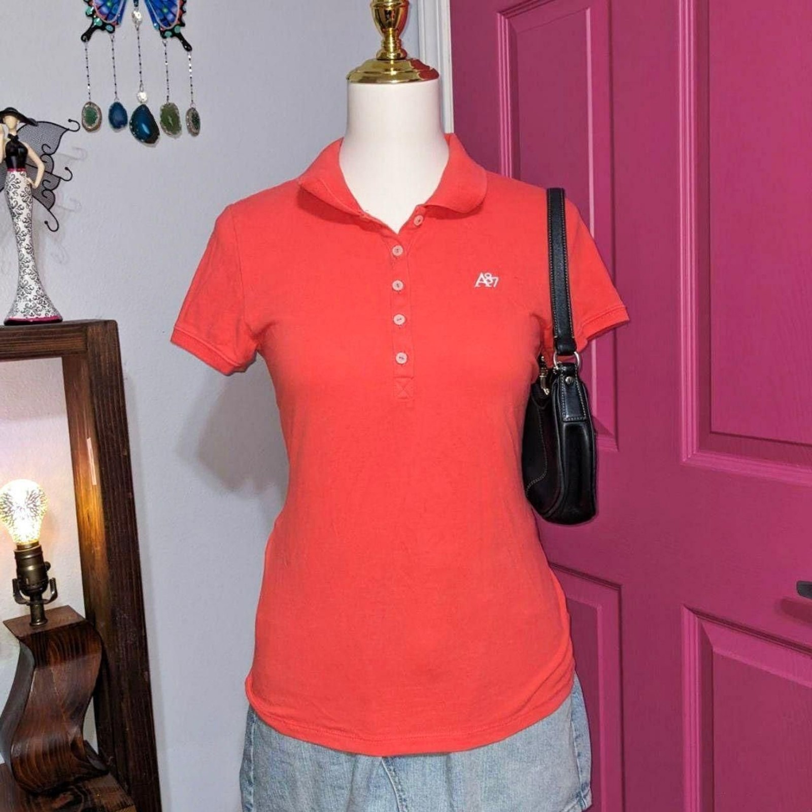 Aeropostale Womens Coral Pink A87 Logo Short Sleeve Polo Shirt Size S Y2K Preppy