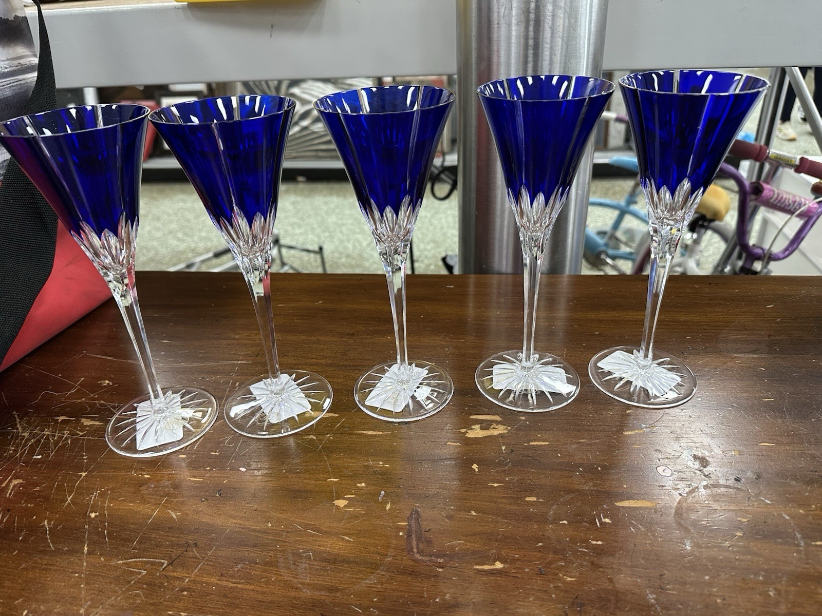 5 piece Vintage Ajka  Wine  Cobalt BLUE Lead Crystal Wine Glasses 8-3/4