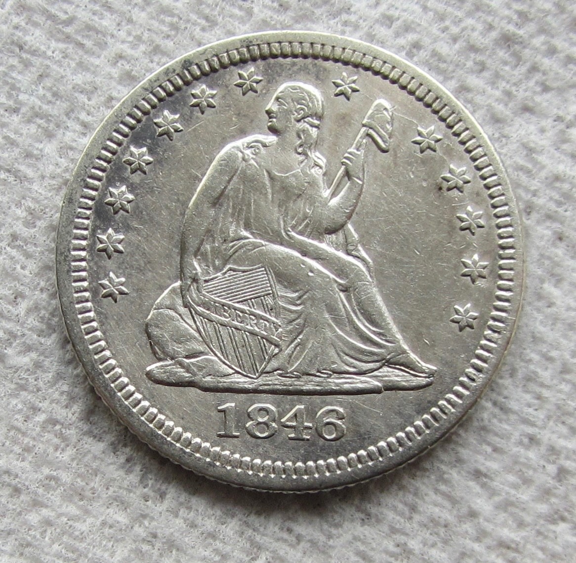 1846 Seated Liberty Silver Quarter Rare Early Key Date Philadelphia  AU Cleaned