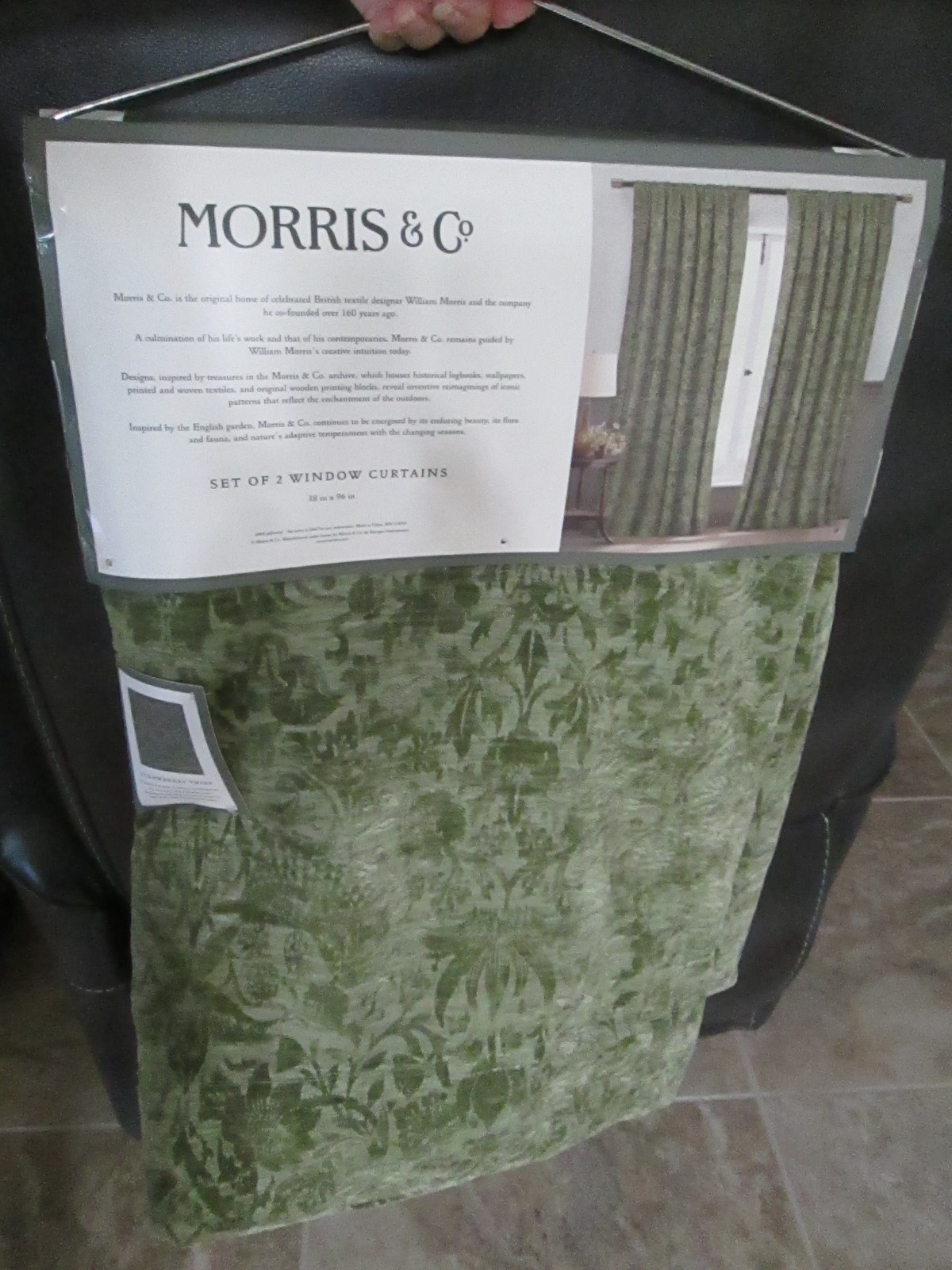 William Morris & Co Strawberry Thief Green Velvet Jacquard Curtains 38x96 Set 2