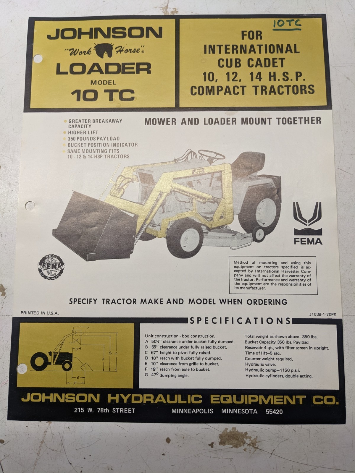 JOHNSON WORK HORSE CUB CADET 10-14 LOADER MODEL 10TC SPECS ATTACHMENTS BROCHURE JOHNSON WORK HORSE CUB CADET 10-14 LOADER MODEL 10TC SPECS ATTACHMENTS BROCHURE
