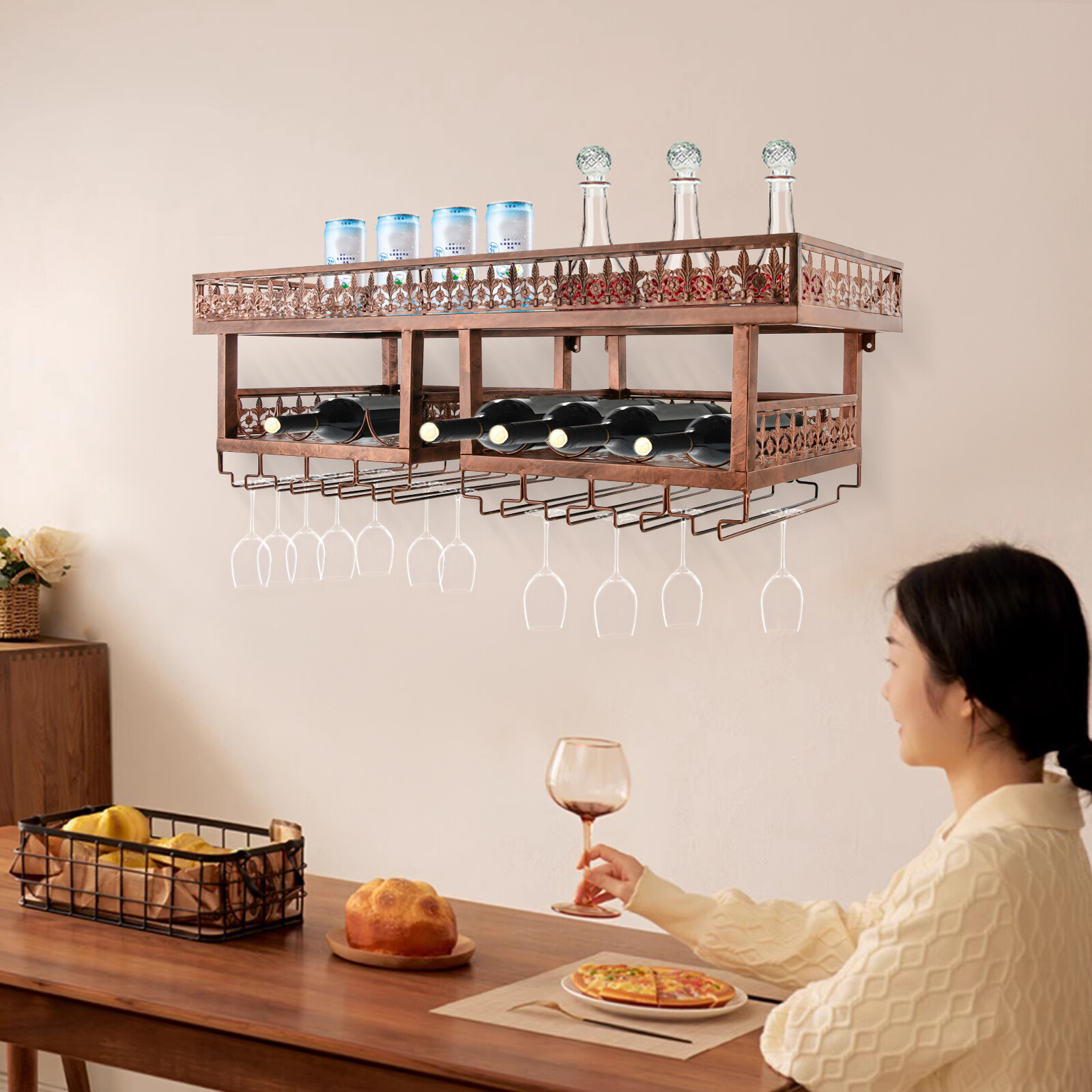 3-Tier Wall Mount Metal Wine Rack With Hanging Glass Holder Bronze