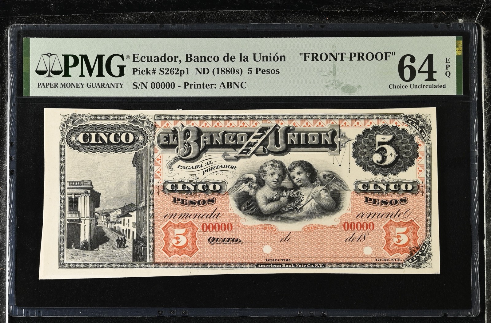 1880 Ecuador 5 Pesos P-S262p1 PMG 64 EPQ FRONT PROOF, ONLY 2 GRADED BY PMG 1880 Ecuador 5 Pesos P-S262p1 PMG 64 EPQ FRONT PROOF, ONLY 2 GRADED BY PMG