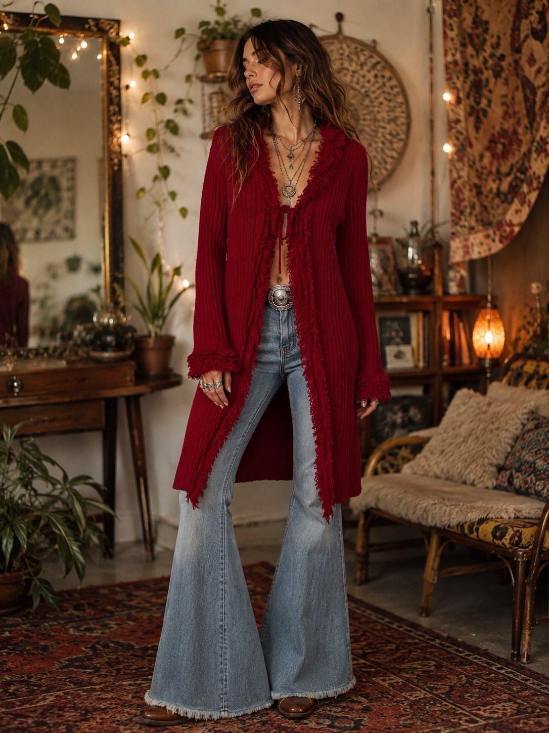 Cato Duster Cardigan XL Fringe Trim Longline Ribbed Boho Festival Whimsical Y2K Cato Duster Cardigan XL Fringe Trim Longline Ribbed Boho Festival Whimsical Y2K