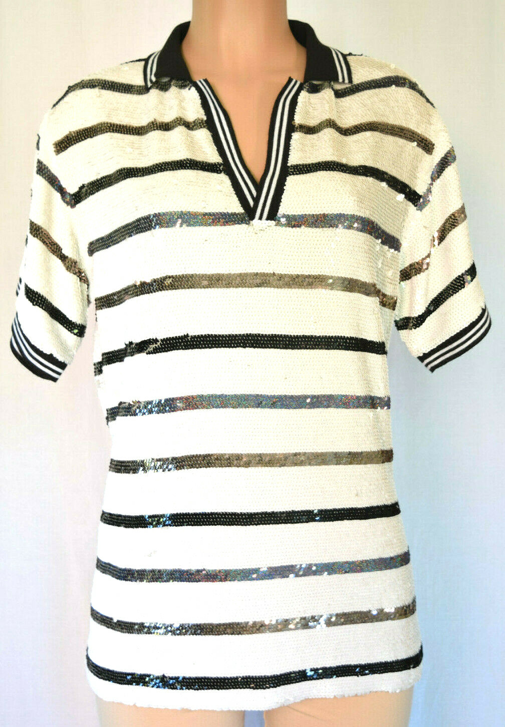 ASHISH BLACK & WHITE STRIPED SEQUINS  SHORT SLEEVES COLLAR/V-NECK POLO TOP SIZEL