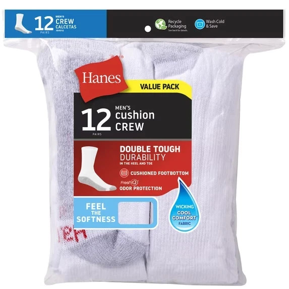 (12-Pair Pack) Hanes Men\'s Double Tough Crew Socks(Shoes Size 12-14)Great Price.