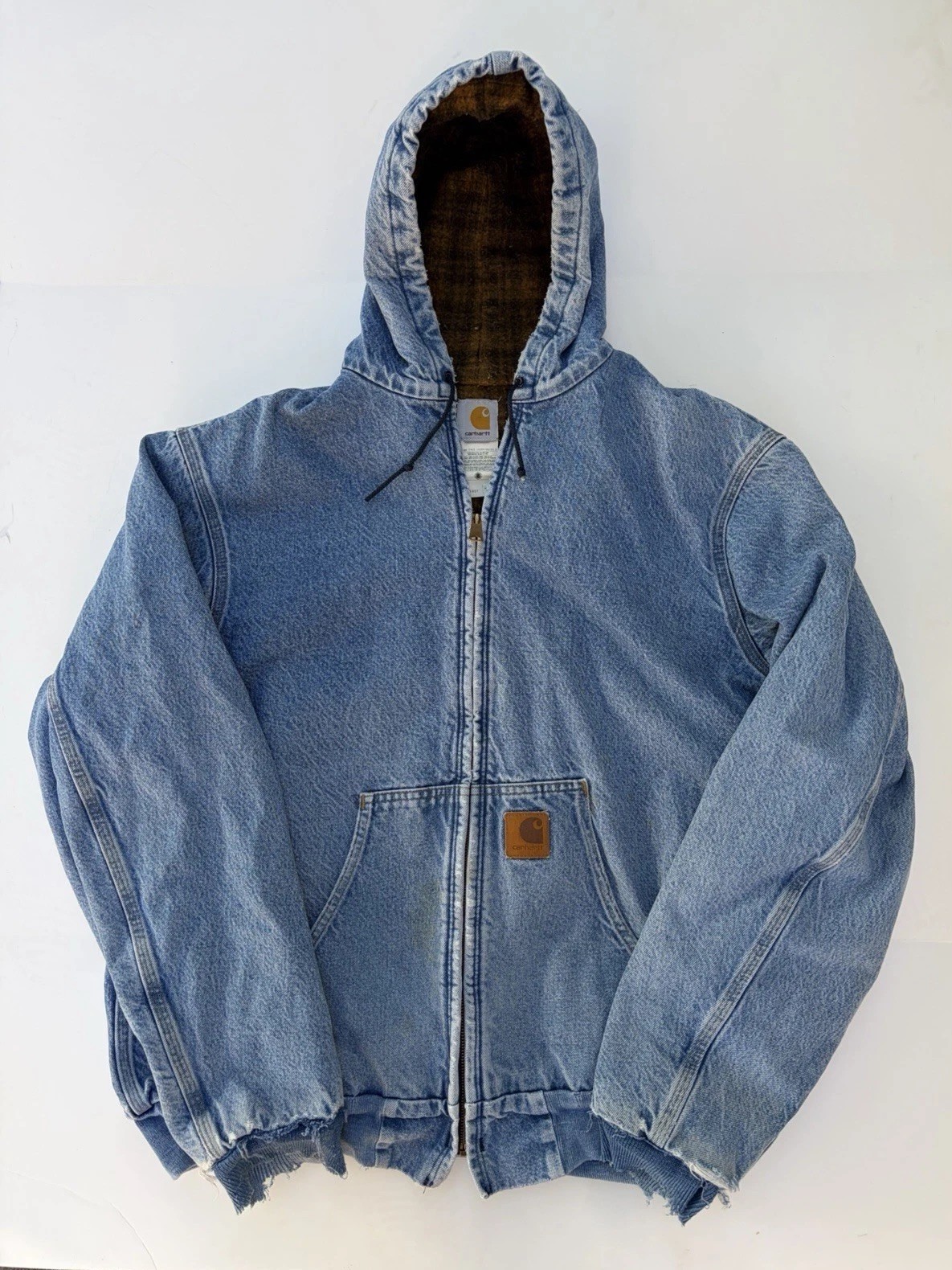 VTG 2002 Carhartt J08 DST Denim Hooded Jacket XL Tall Distressed Thrashed Faded