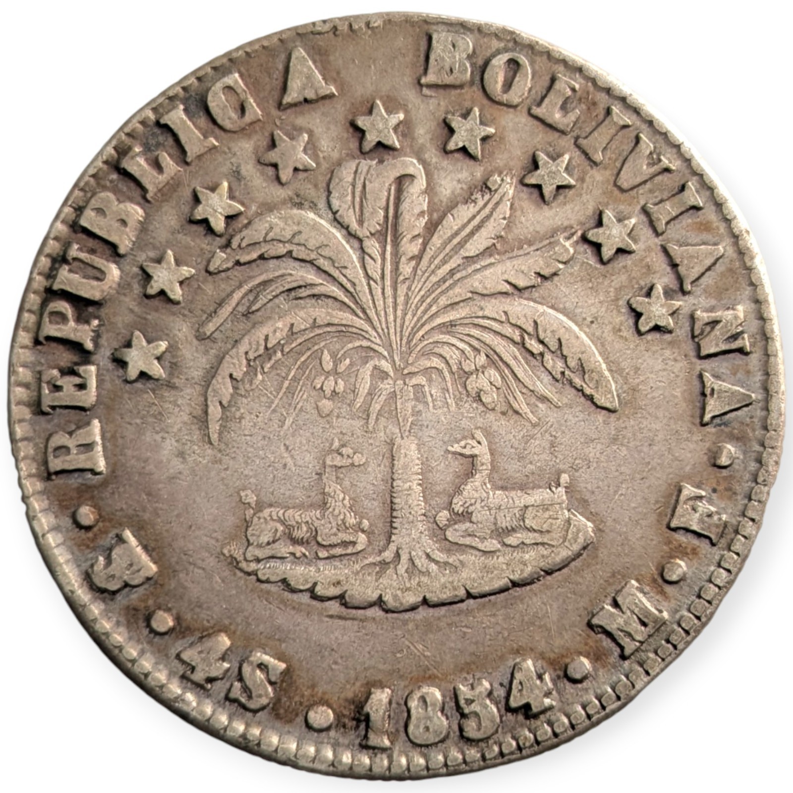 1854 PTS M.F. Bolivia Silver 4 Soles Potosi Mint Simon Bolivar 4S Coin 9L