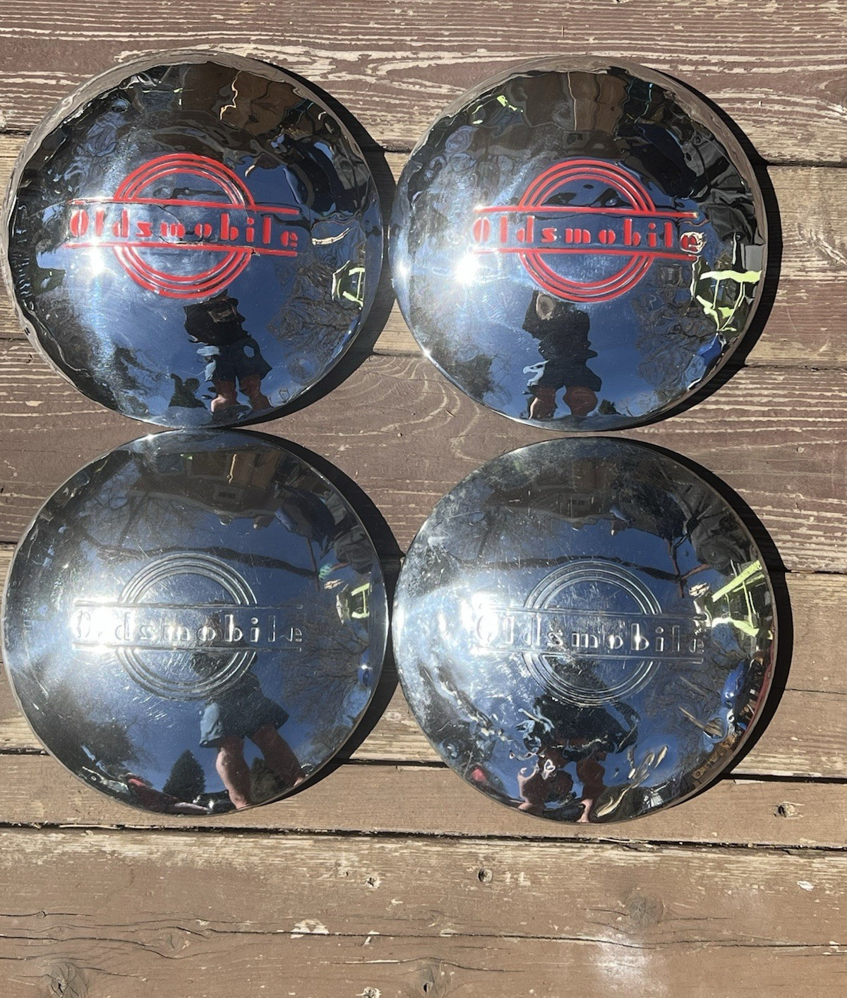 DEFECTIVE Set of 4 Vintage 1930s 1937 Oldsmobile Chrome Hubcaps Dog Dish G3D