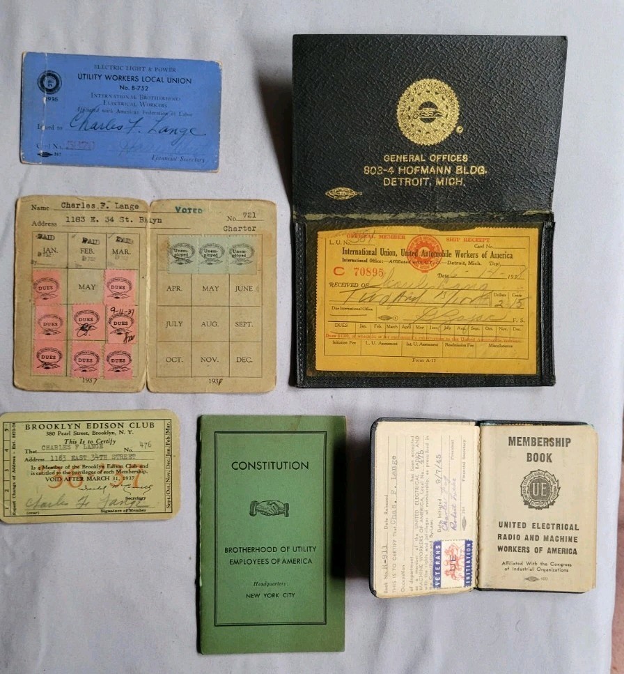 Vintage 1930s Labor Union Lot - Charles F. Lange - UAW, UE, Brooklyn Edison...