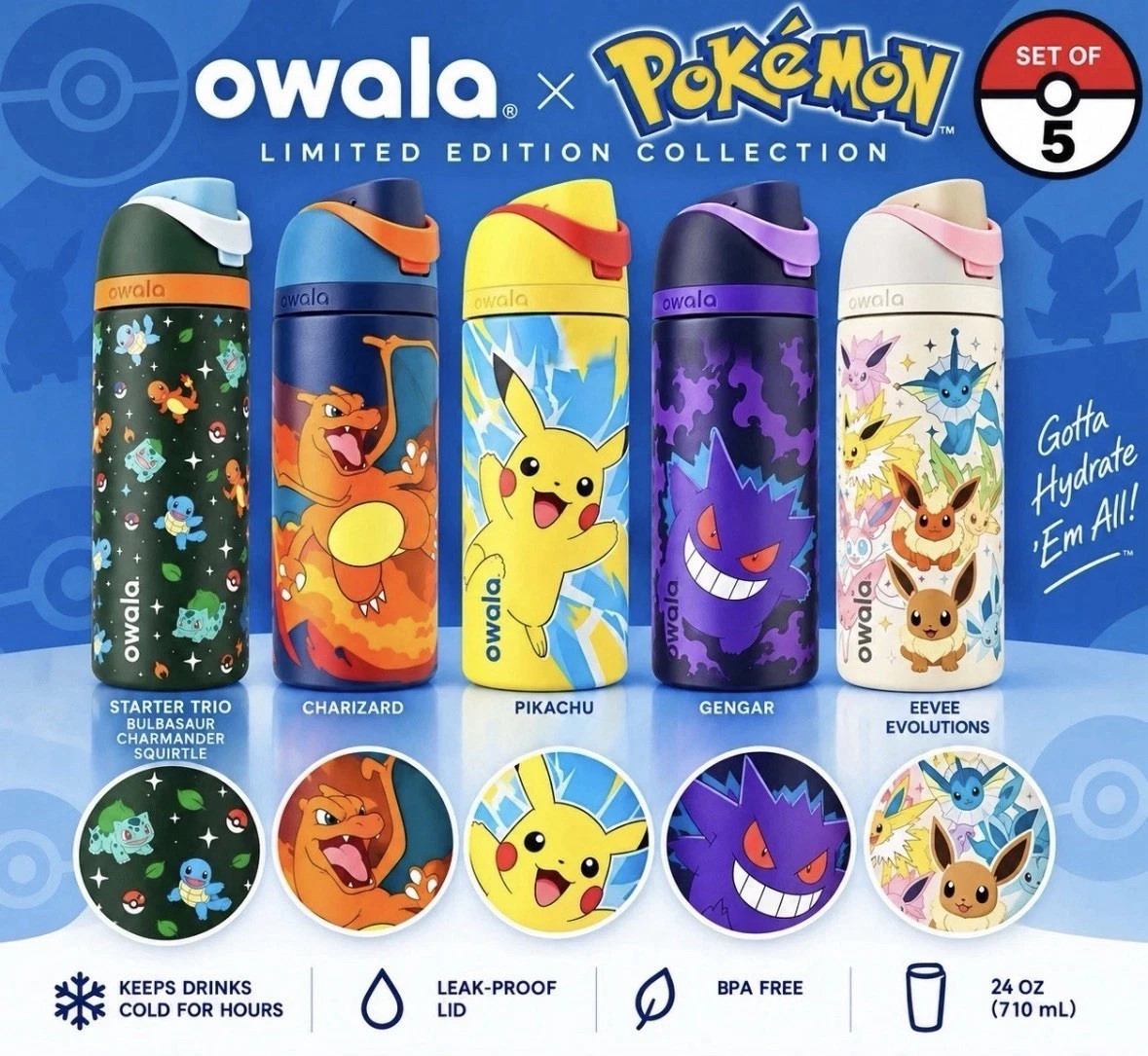 Pokemon x Owala Full Set of 5 (Ships Now) Gengar Charizard Eevee Pikachu Kanto