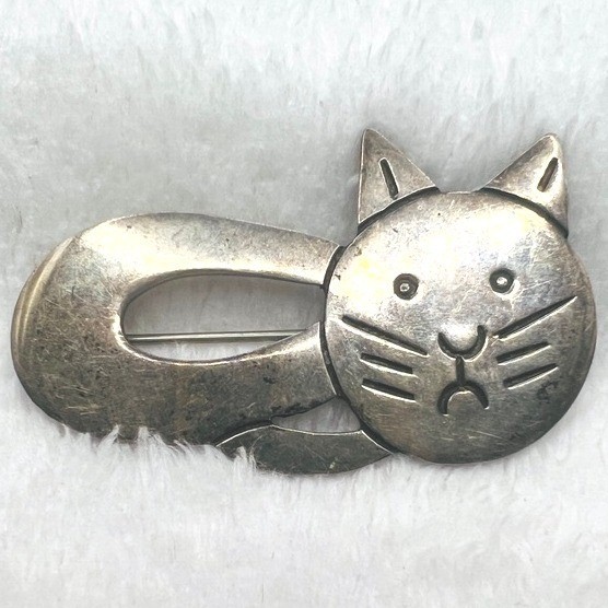 Taxco Mexico Sterling Silver Cat Brooch Kitten Feline TF55 BP3282 2.25X1.25