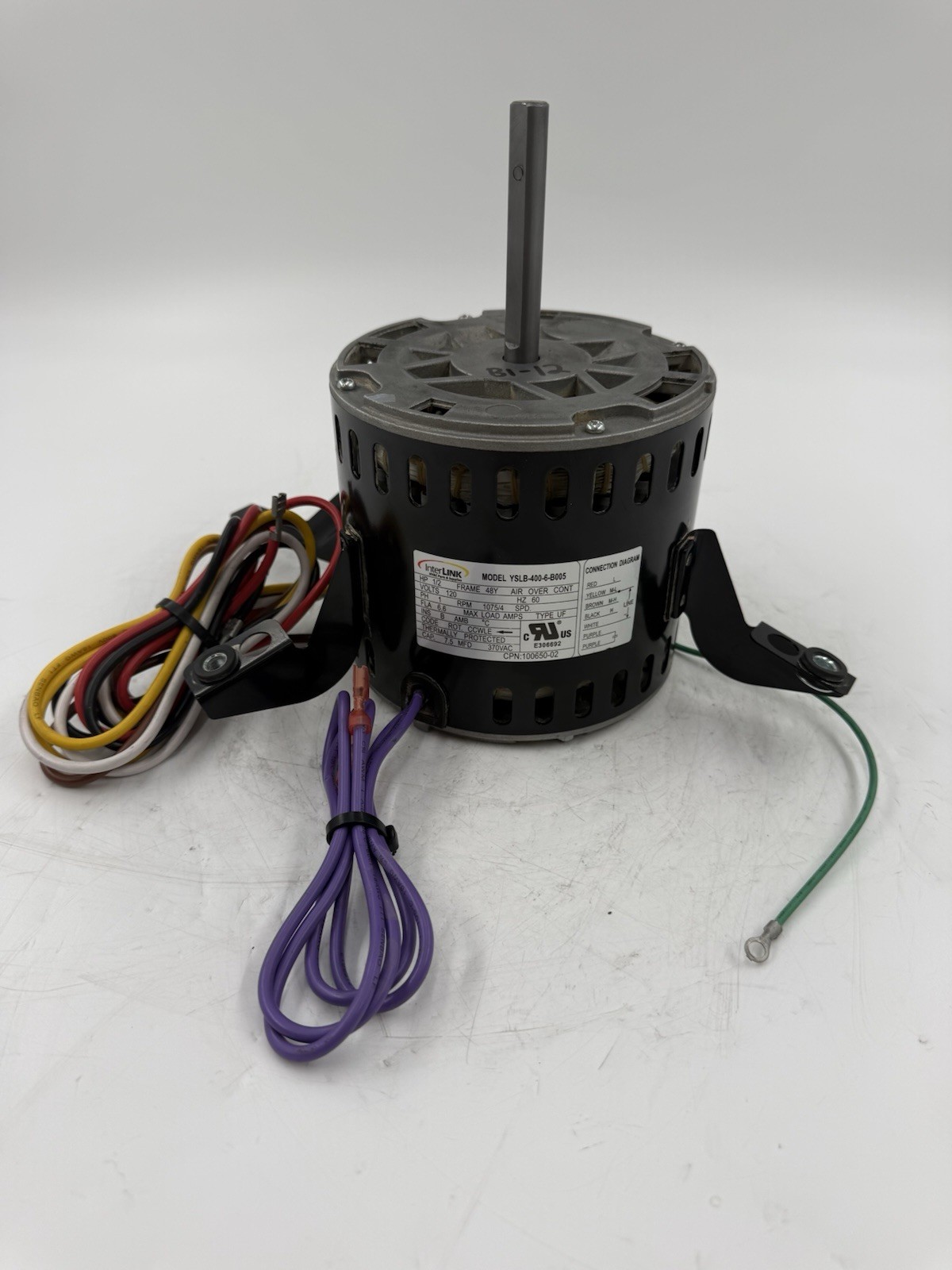 InterLink YSLB-400-6-B005 Blower Motor 1/2HP 1075RPM 4SPD 120V 100650-02 CCWLE