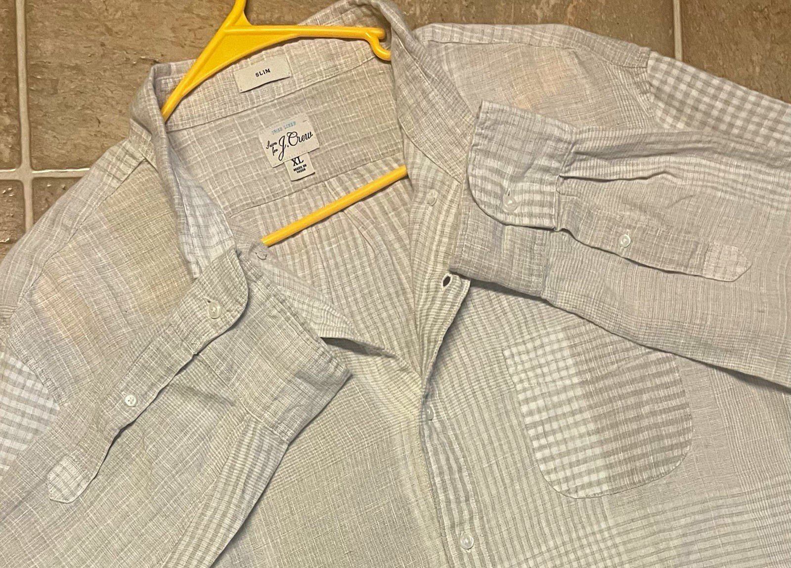 J.Crew Men\'s XL Gray Plaid Linen Slim Fit L/S Button-Down Button-Up Pockets