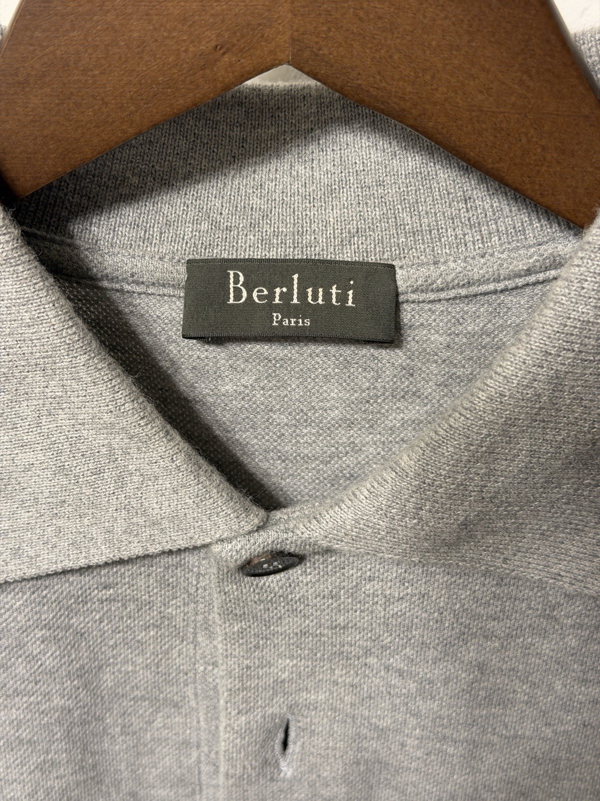 Berluti Men’s Gray Cotton Polo Shirt Leather Trim Pocket Made in Italy