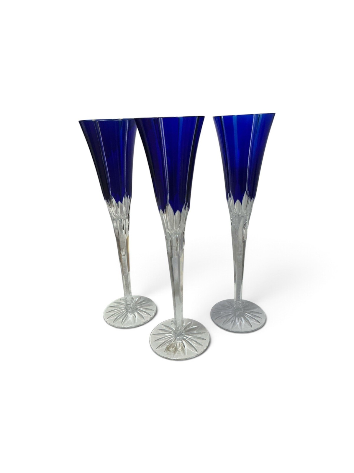 3 AJKA CASTILLE COBALT BLUE LED CRYSTAL CRYSTAL CHAMPAGNE FLUTES MARKED 3 AJKA CASTILLE COBALT BLUE LED CRYSTAL CRYSTAL CHAMPAGNE FLUTES MARKED