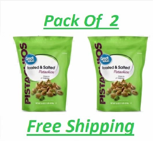 Great Value Roasted & Salted Pistachios 16oz Bag – 2 Pack Resealable Fresh Snack