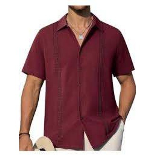 NWT Cubavera Men\'s LGuayabera Button Shirt Red Embroidered Short Sleeve Casual