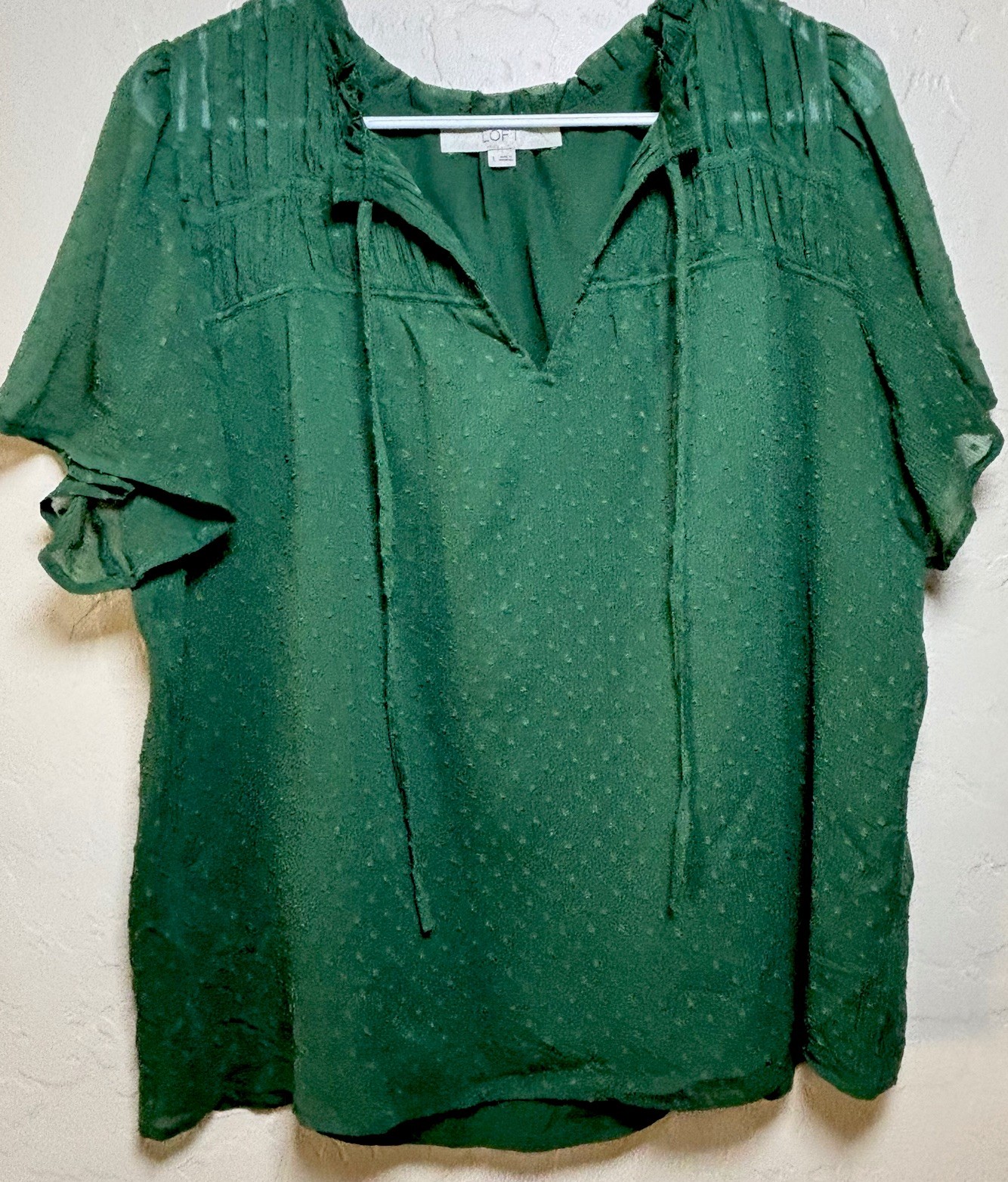 LOFT Womens L Green Swiss Dot Blouse Tie Neck Flutter Sleeve Boho Top