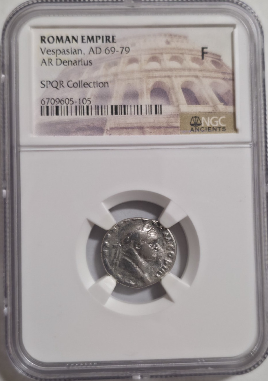 Vespasian (AD 69-79) AR Denarius; SPQR Collection; NGC Graded - F; 12 Caesars