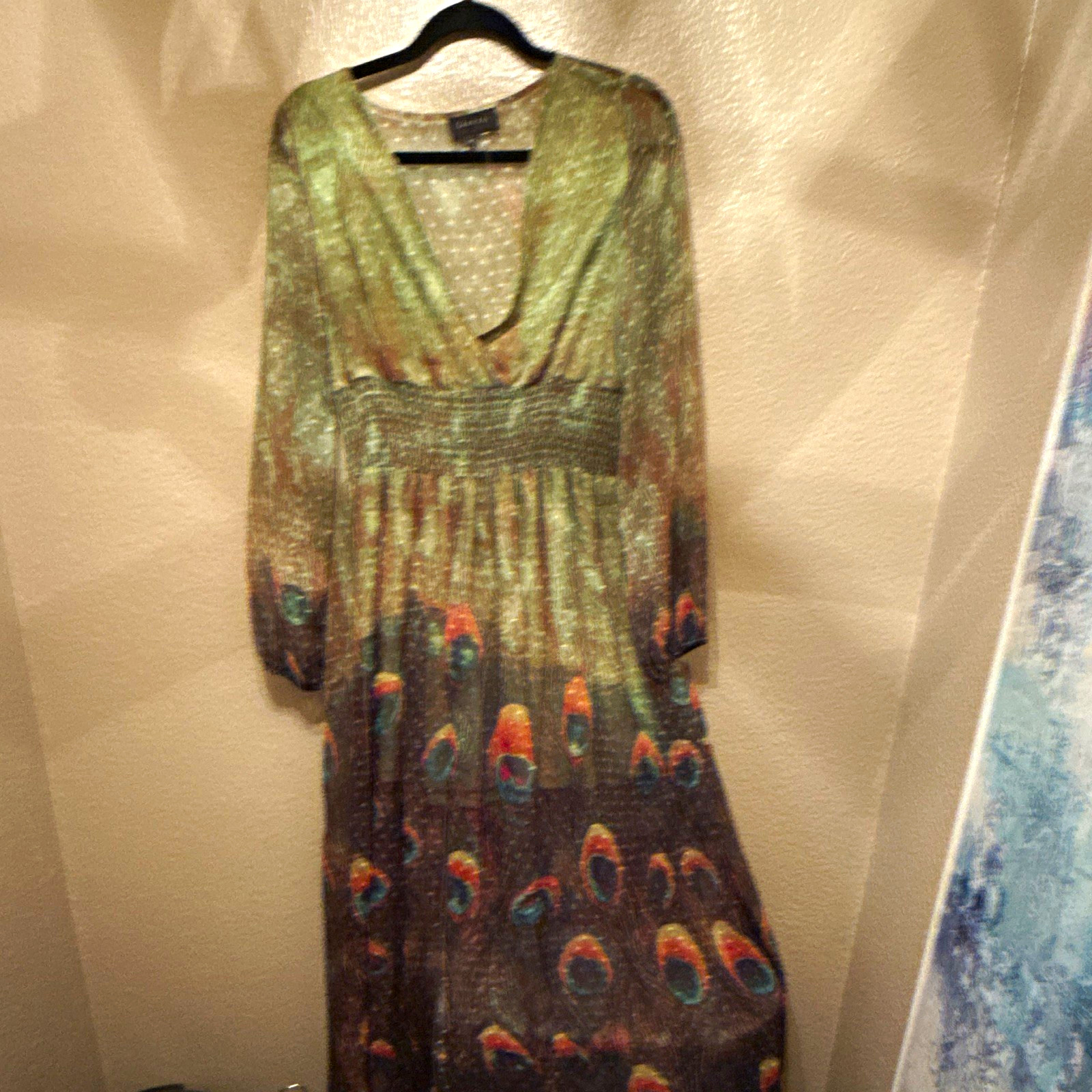 Gracia Womens Green Multicolor Peacock Feather Print Maxi Dress V-Neck Size M Gracia Womens Green Multicolor Peacock Feather Print Maxi Dress V-Neck Size M