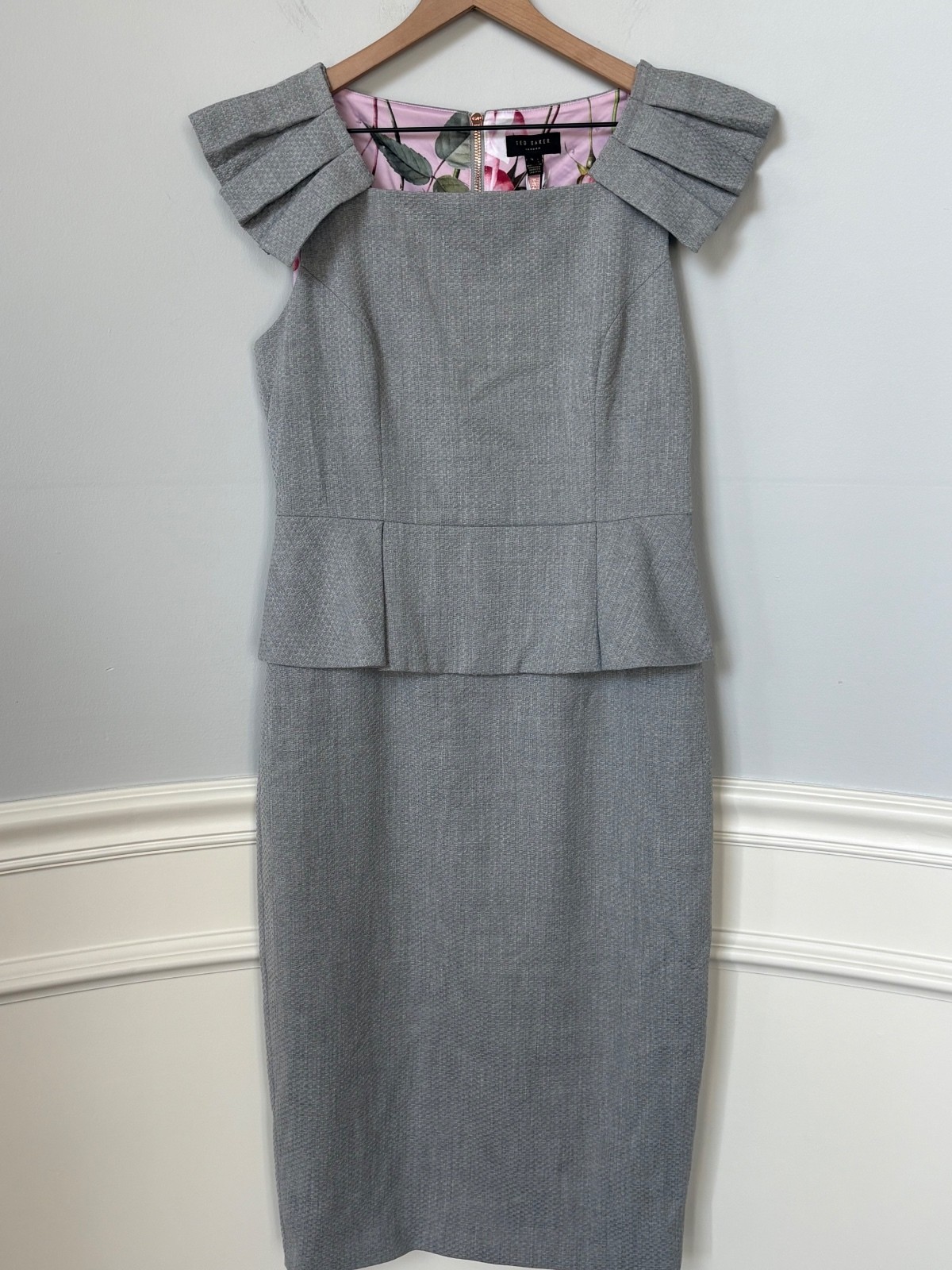 Ted Baker London Grey Rivaadd Pleated Shoulder Peplum Sheath Dress 3 (US 8) Ted Baker London Grey Rivaadd Pleated Shoulder Peplum Sheath Dress 3 (US 8)