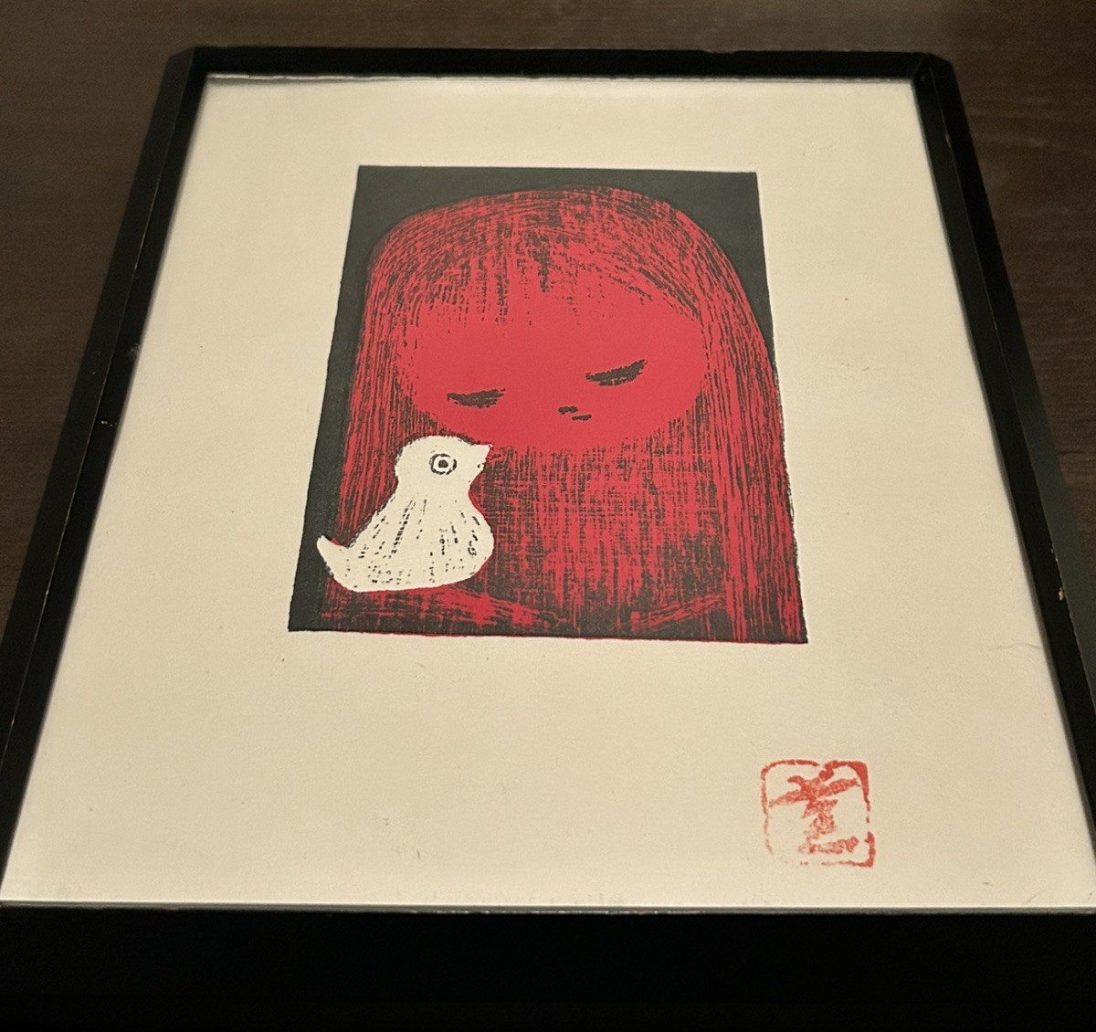 Mid-Century Modern Japanese Woodblock Print of Girl with Bird by Kaoru Kawano Mid-Century Modern Japanese Woodblock Print of Girl with Bird by Kaoru Kawano