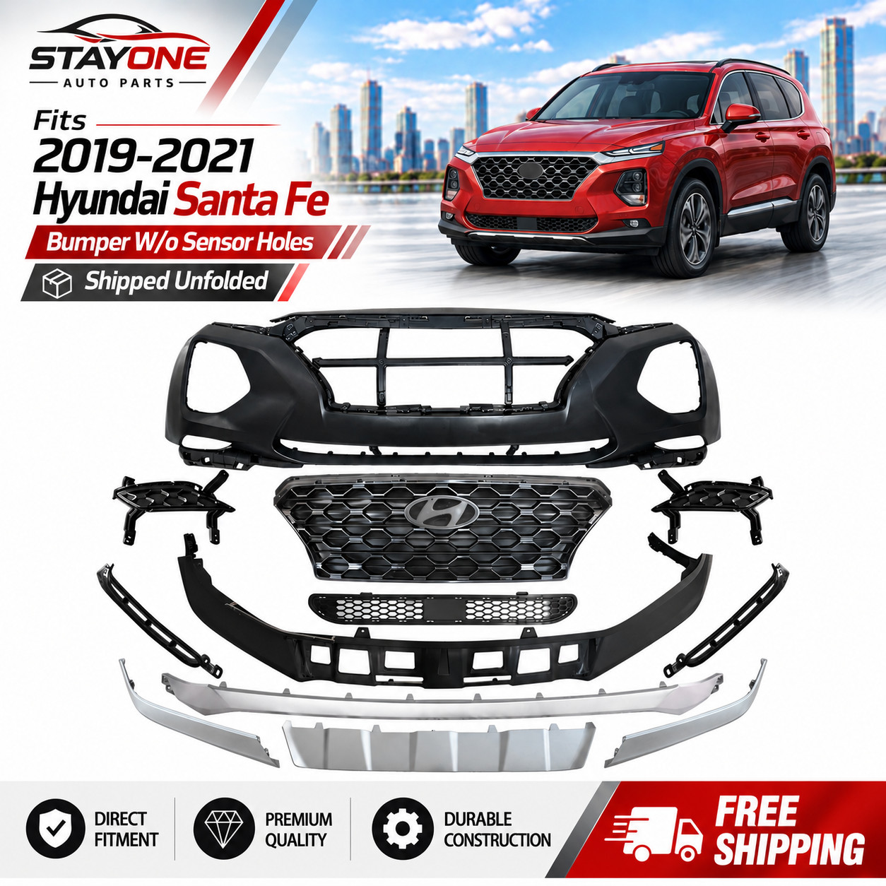 For 2019-2021 Hyundai Santa Fe 12PCS Complete Front Bumper Grills Skid Plate Kit