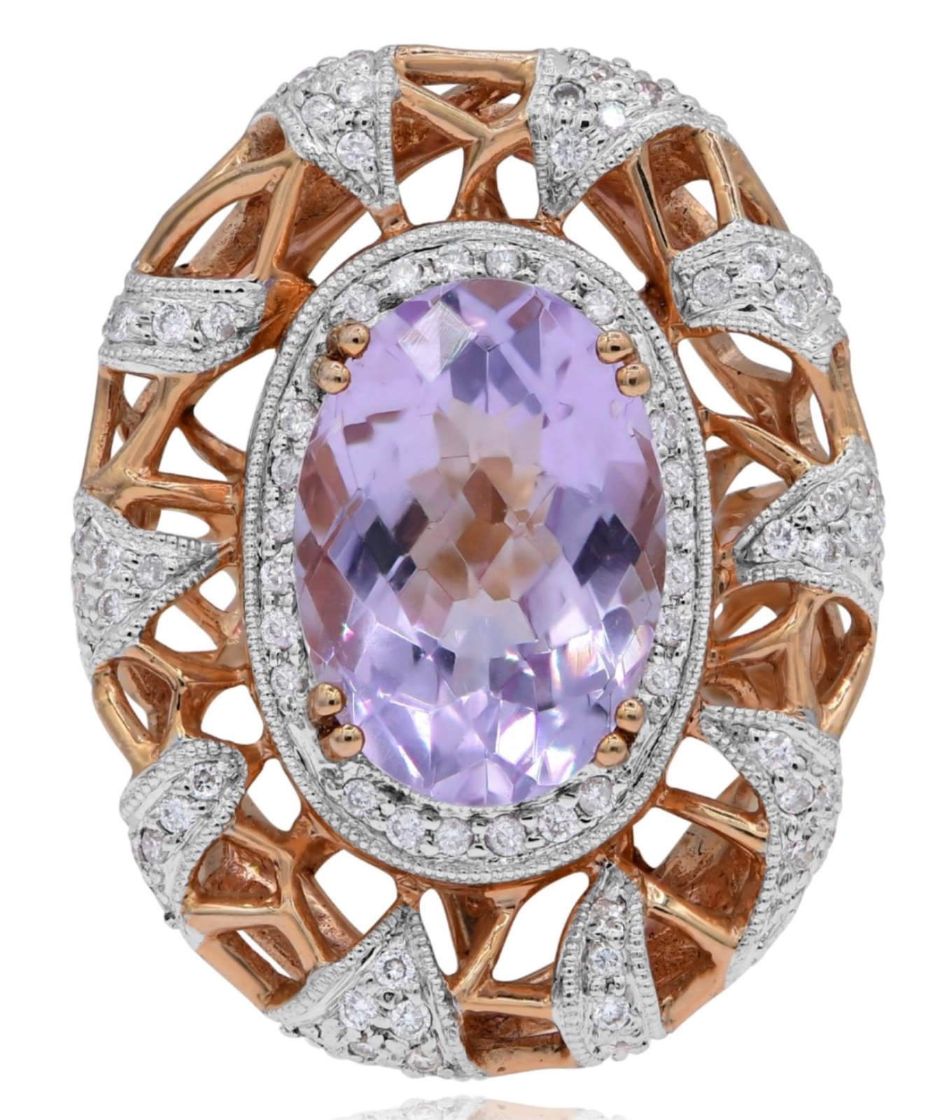 LARGE 5.68CT DIAMOND & AAA PINK AMETHYST 14KT ROSE GOLD FILIGREE FLORAL FUN RING
