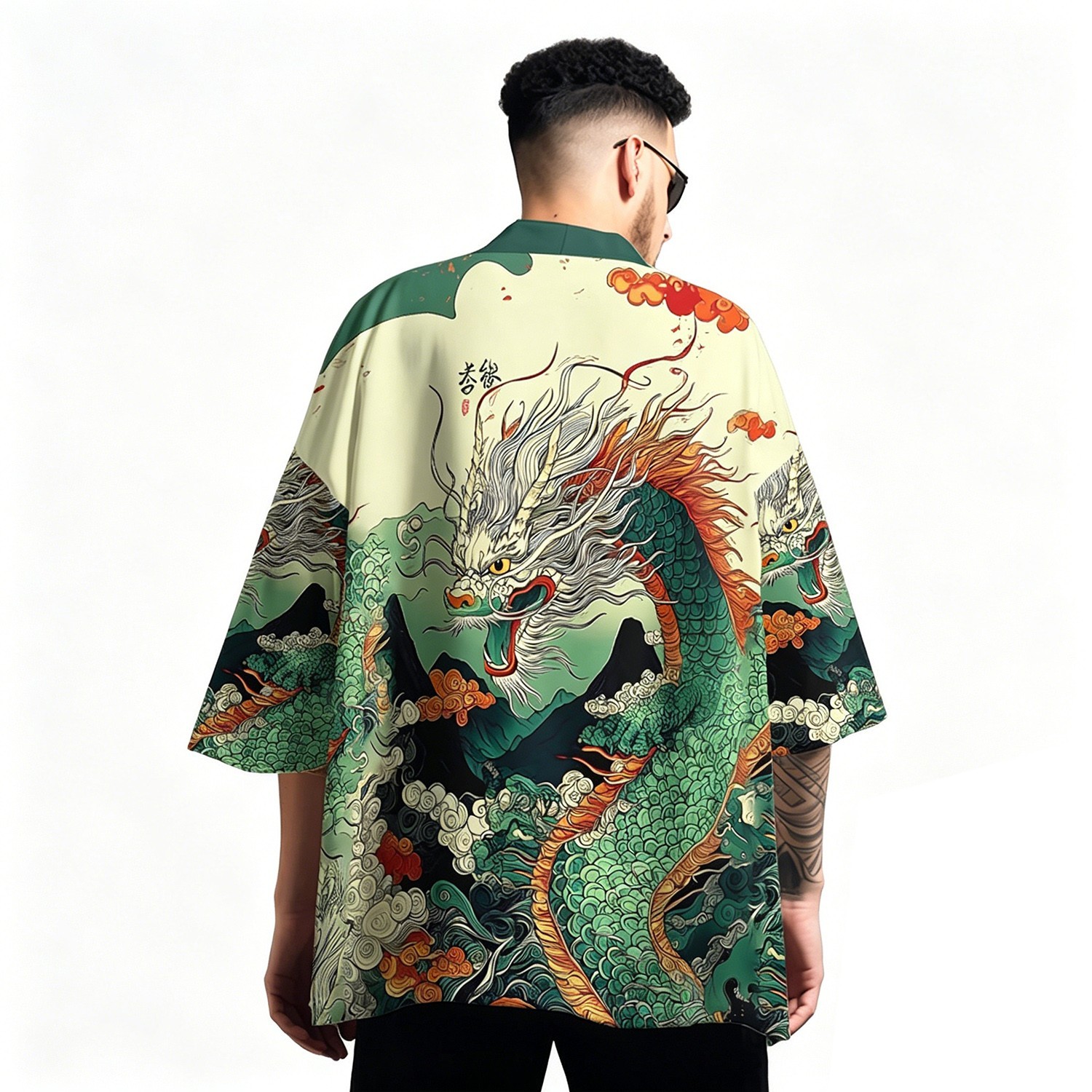 Niepce Men's Japanese Graphic Lightweight Green Dragon Kimono Cardigan Shirt Top