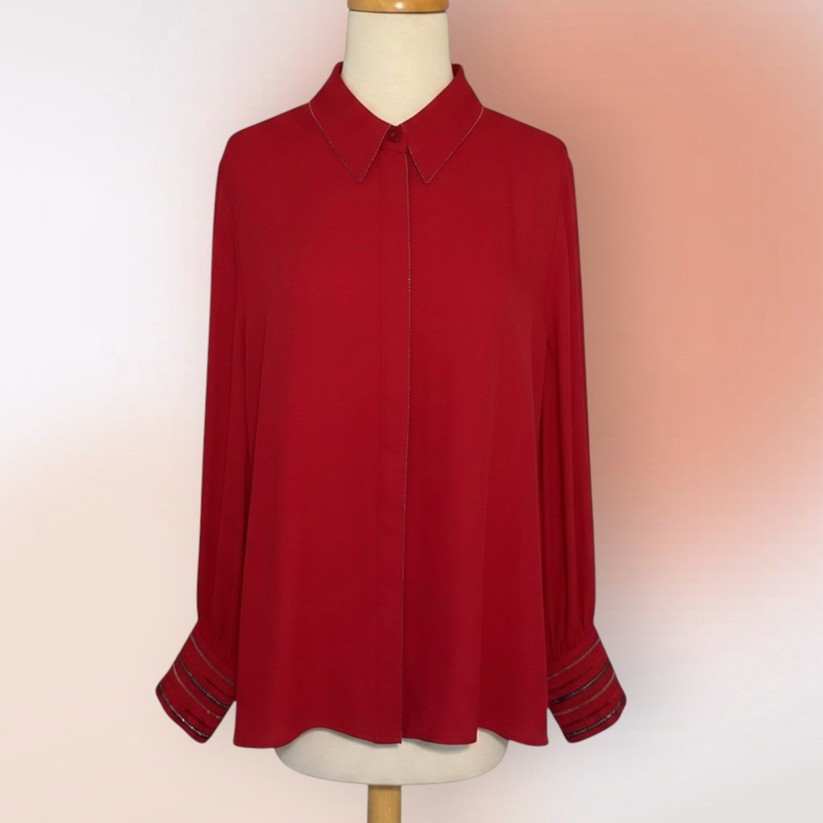 Chico’s Red Embellished Cuffs Button Front Blouse Size 2 Reg 12/14 L
