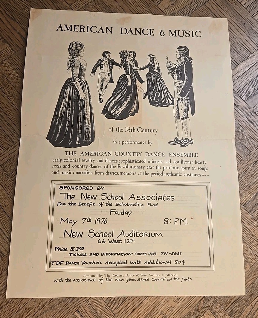 Vintage 1976 American Dance & Music Of 18th Century Sign @ The New School NYC Vintage 1976 American Dance & Music Of 18th Century Sign @ The New School NYC