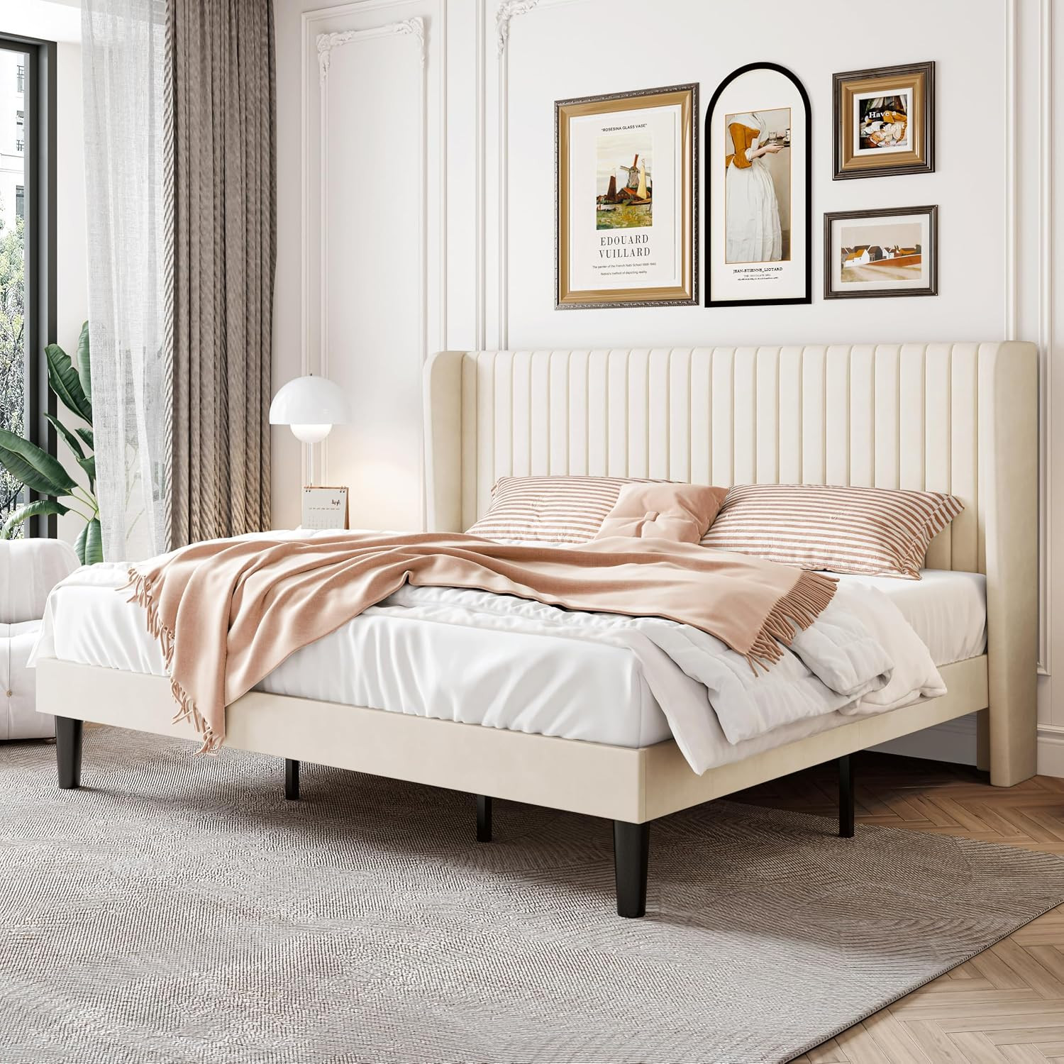 SHA CERLIN King Size Velvet Bed Frame, Tufted Wingback Headboard, Cream