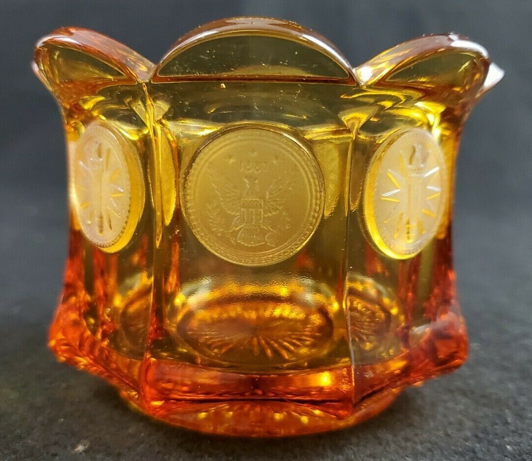 VINTAGE Fostoria  Amber Glass Candy Dish 1887 Liberty Eagle Torch 3\