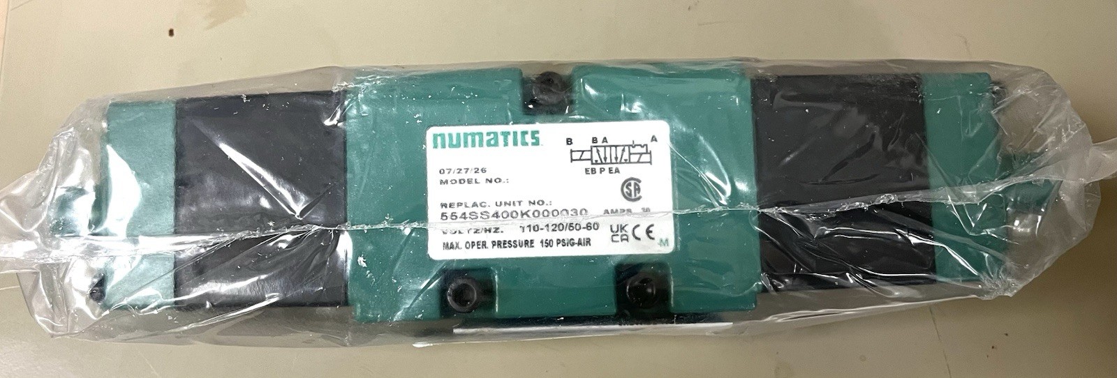 Numatics Solenoid Air Control Valve 554SS400K000030, New, Manufactured 7/27/2026