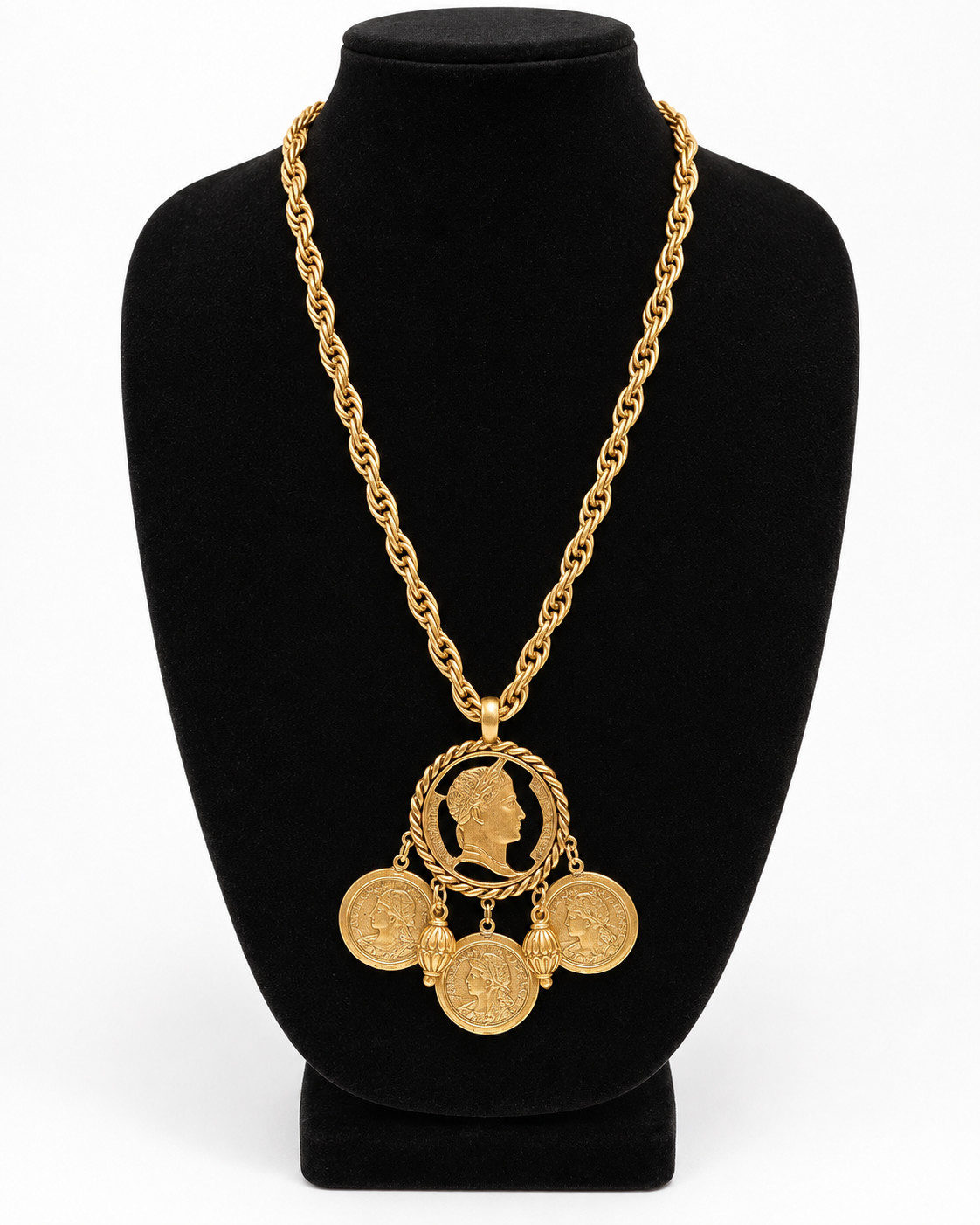 Vintage 1980s French Napoleon Marianne Coin Necklace Gold Plated Brass 24