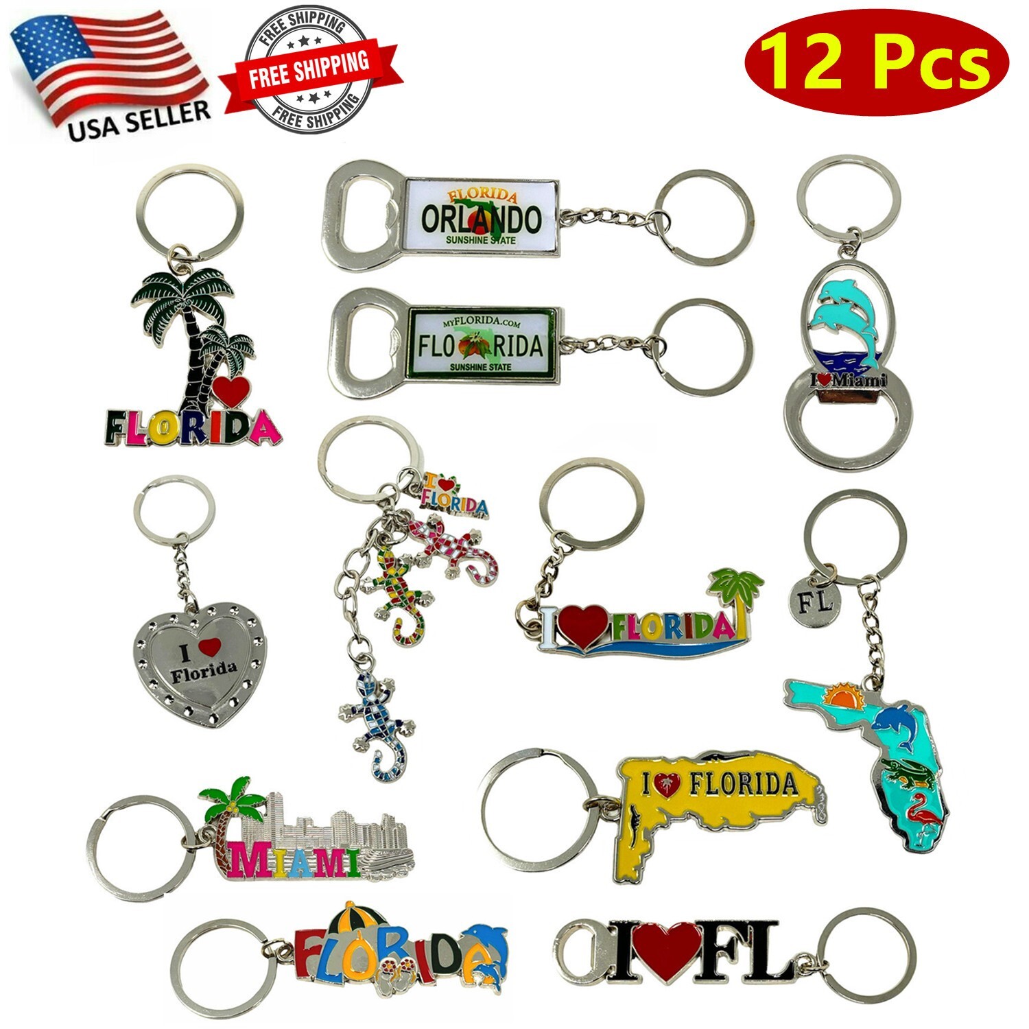 12 Pack of Florida Keychain Souvenirs bulk , Metal Ring , Miami Gift Bundle